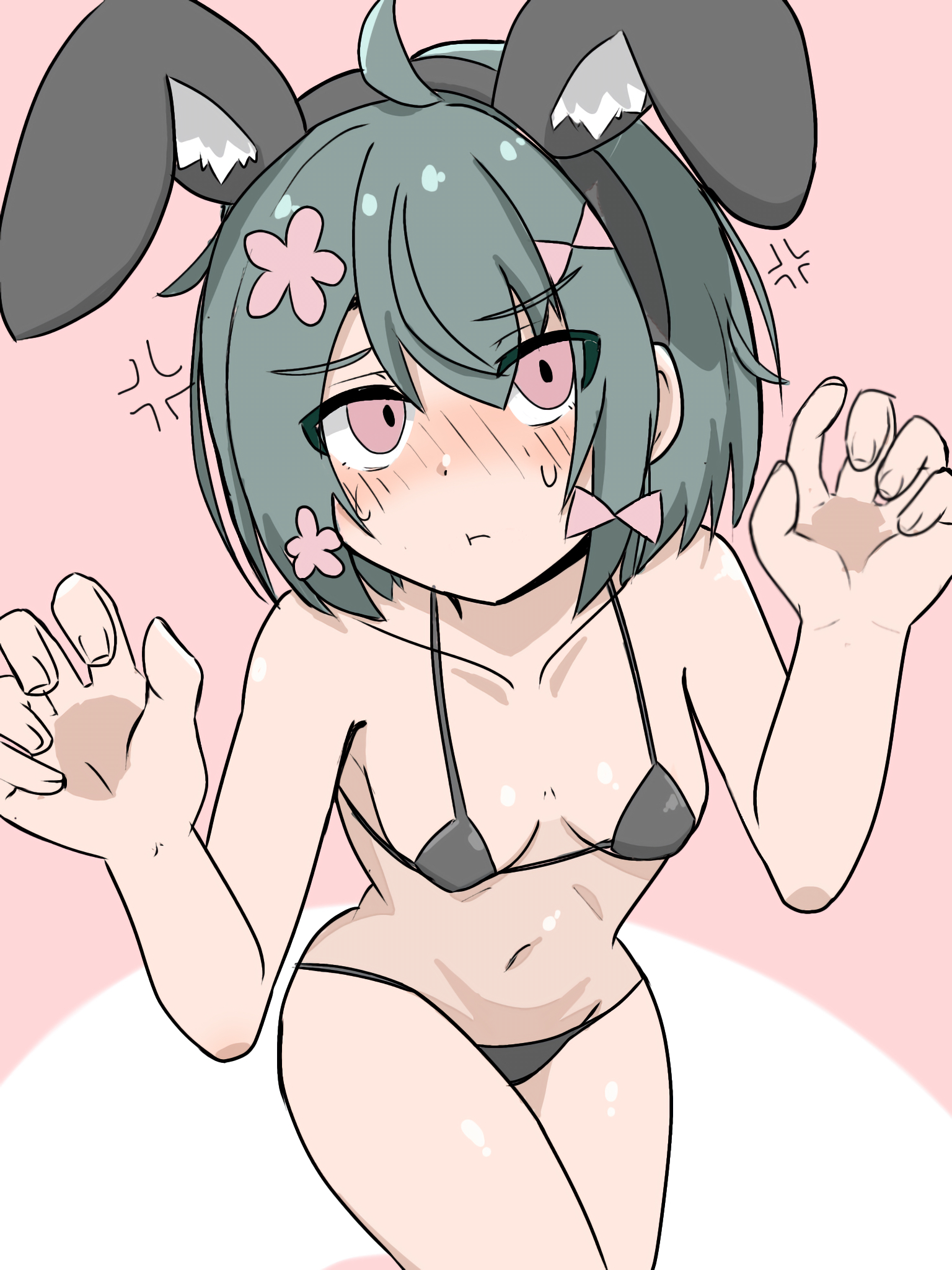 1girls, bikini, black bikini, blush, blush lines, bow, breasts, cevio, collarbone, embarrassed, fake animal ears, female, female only, flower, green hair, hair flower, hairbow, iyowa girls, kimi (user vppd4758), kurari-chan (iyowa), kyu-kurarin (cevio), micro bikini, mv character, navel, paw pose, pink background, pink bow, pink flower, pout, rabbit ears, short hair, small breasts, solo, solo female, sweat, sweatdrop, thighs