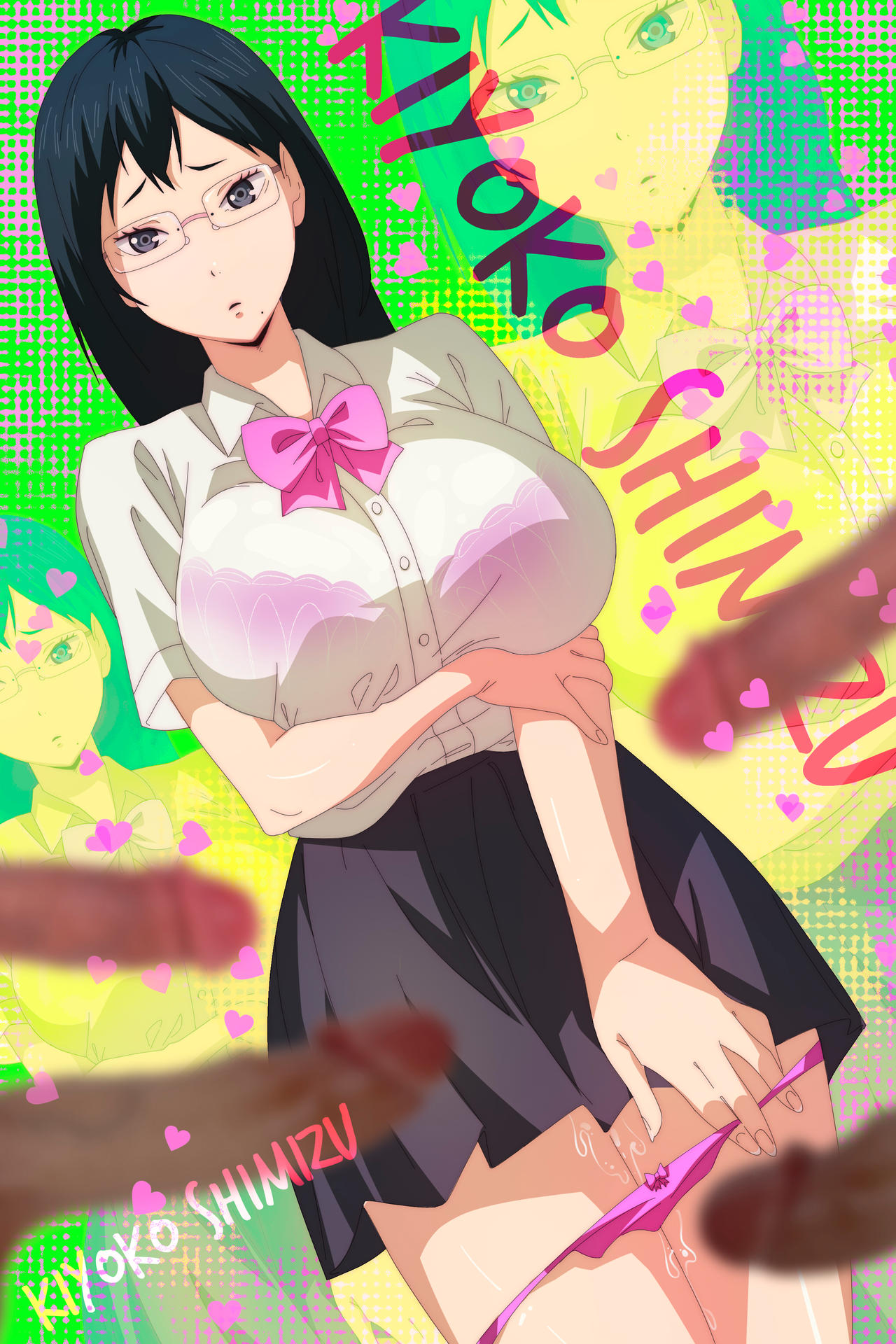 38jxl, arms under breasts, big breasts, black hair, breasts, breasts bigger than head, english text, erect penis, erection, female, glasses, haikyuu!!, heart symbol, imminent sex, leaking pussy, male, multiple boys, multiple males, multiple penises, panties, panties down, penis, pulling panties, pussy, pussy juice, pussy juice drip, shimizu kiyoko
