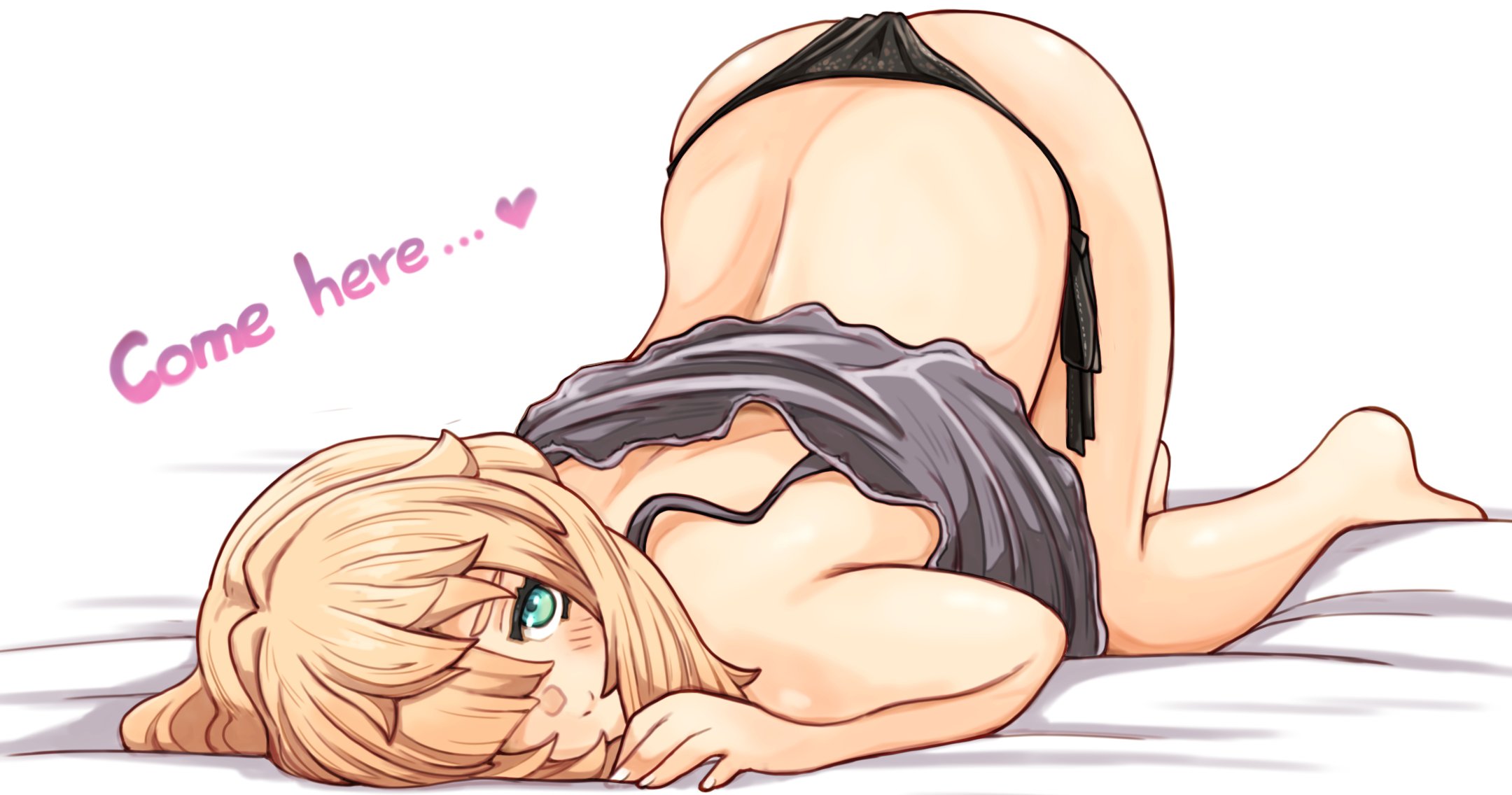 1girls, androgynous, ass, ass up, barely clothed, bed, black panties, blonde hair, blue eyes, blush, bridget, cute, cute face, dialogue, english text, female, guilty gear, guilty gear strive, horny, looking at viewer, partially clothed, seductive, smile, smooth skin, sugag, teenager, trans woman, transfem