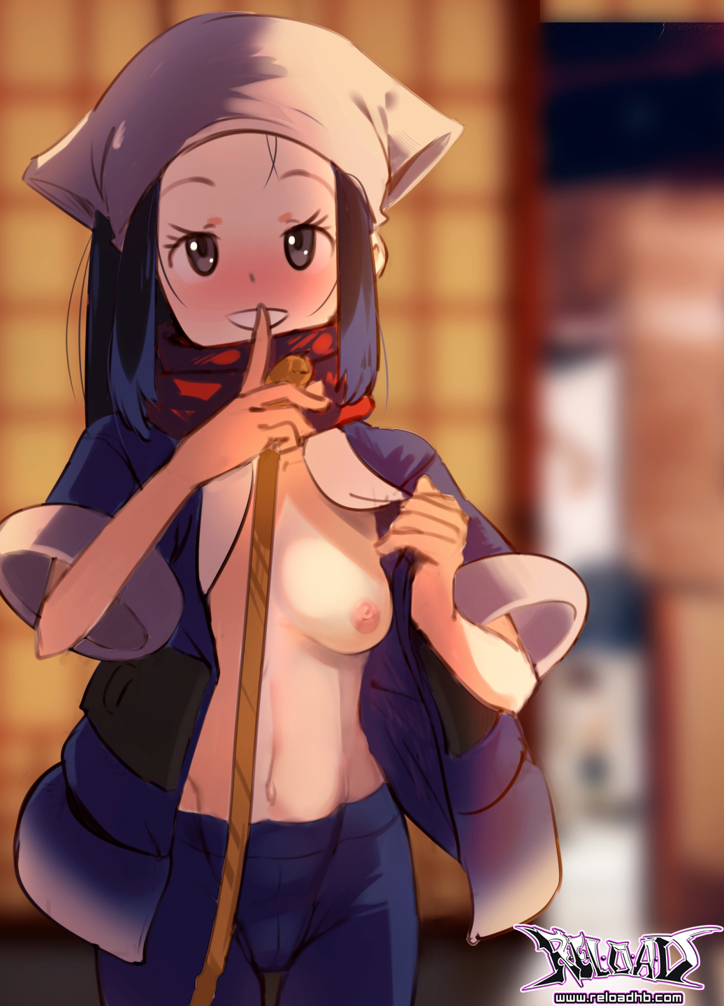 1girls, akari (pokemon), blue hair, blush, breasts, female, female protagonist, flashing, game freak, hat, japanese clothes, navel, nintendo, nipples, pokemon, pokemon legends: arceus, r-e-l-o-a-d, rope, tagme