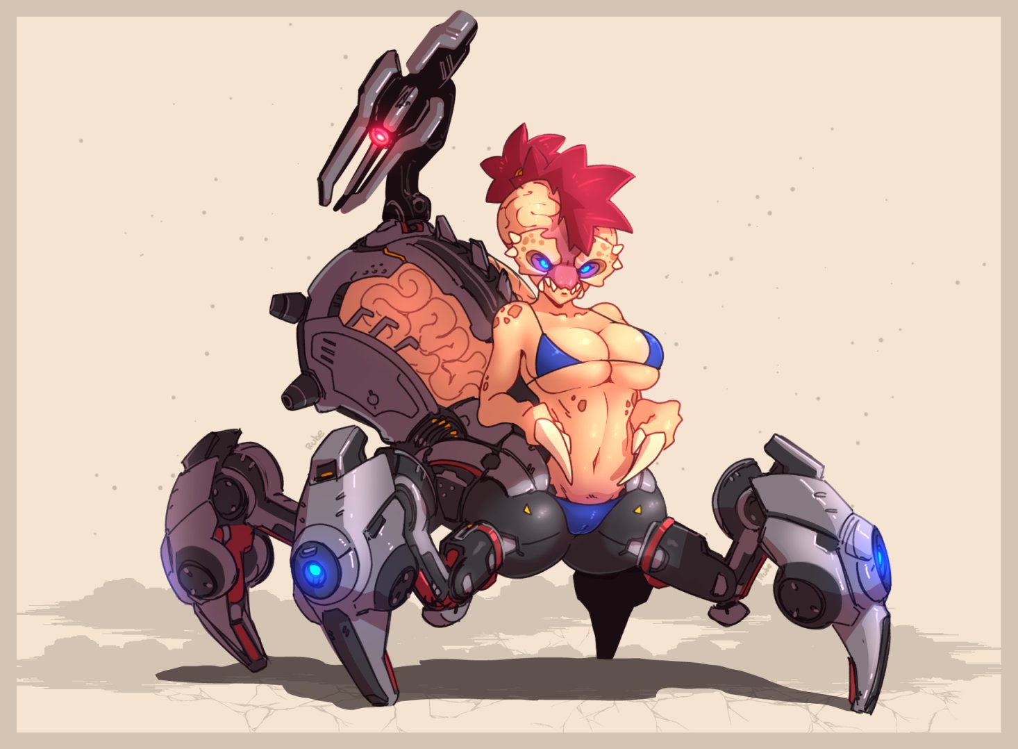 1girls, 2020, arachnid, arachnotron (doom), bikini, bikini bottom, bikini top, blue eyes, breasts, cameltoe, cleavage, demon, demon girl, doom, female, female only, glowing eyes, hi res, justrube, mechanical, mohawk, pussy, red hair, rube, solo, solo female, tied hair