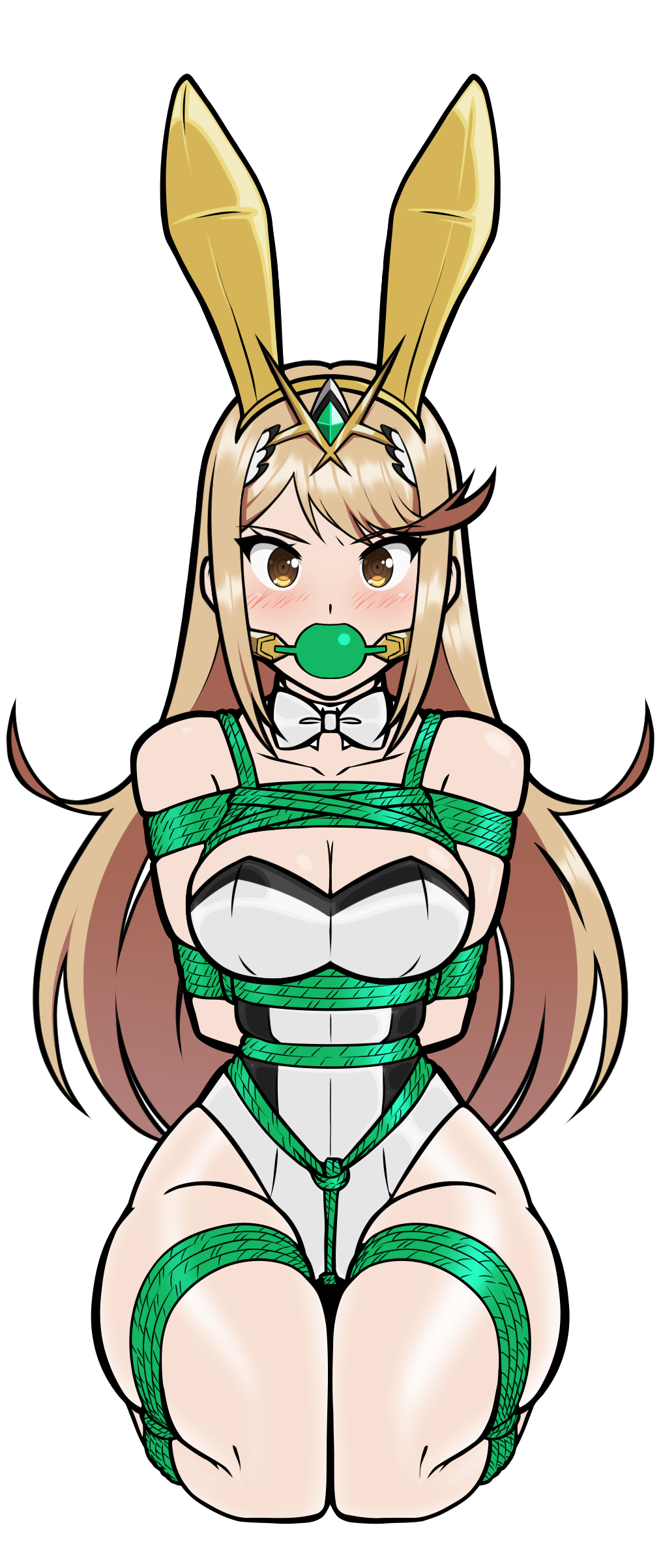 1girls, arms tied behind back, ball gag, blonde hair, bondage, bound, bowtie, box tie, breasts, bunny ears, bunnysuit, crotch rope, fake animal ears, female, gag, gagged, green ball gag, kneeling, large breasts, latex, legs tied, leotard, long hair, looking at viewer, mythra, nintendo, playboy bunny, restrained, rope, rope bondage, shibari over clothes, shiny clothes, strapless, strapless leotard, tiara, tied up, tight clothing, white leotard, wossarem, xenoblade (series), xenoblade chronicles 2, yellow eyes
