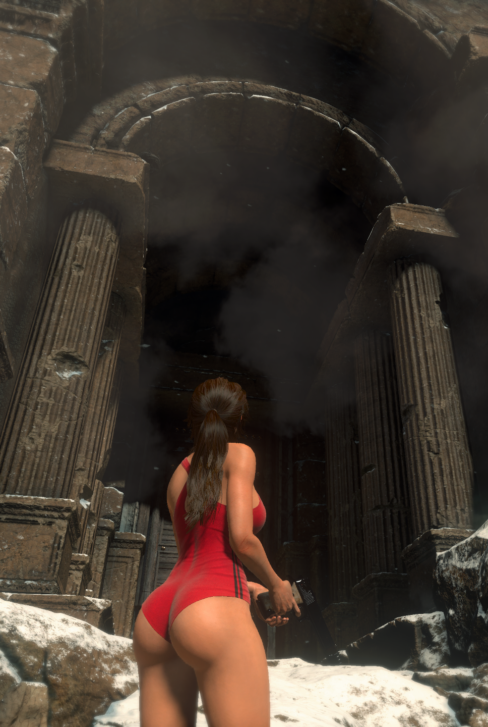 1girls 3d clothing faith103 female firearm game_screenshot handgun human lara_croft mod one-piece_swimsuit pale_skin red_one-piece_swimsuit solo swimsuit swimwear tomb_raider weapon