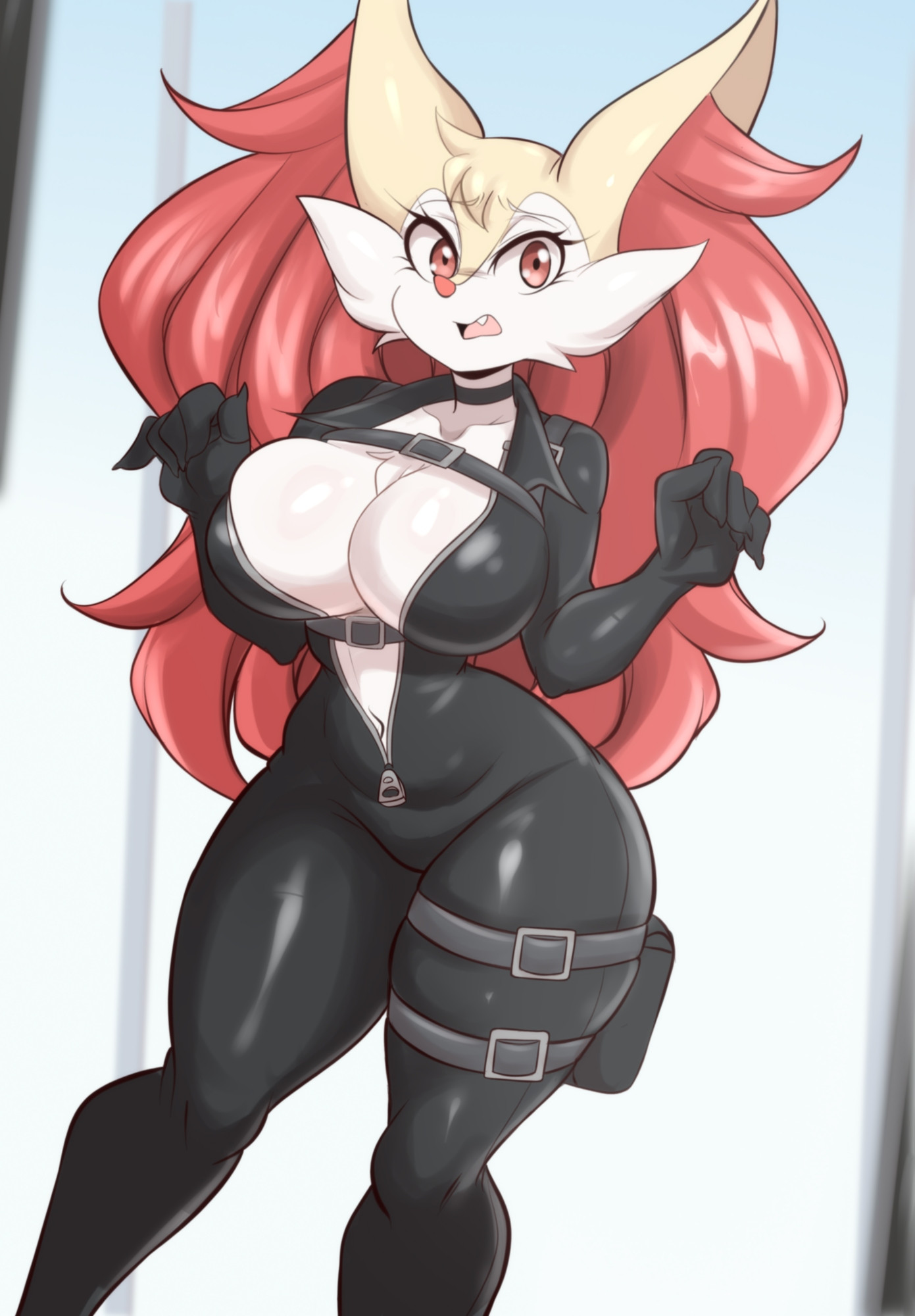 belly, belly button, big breasts, bodysuit, braixen, bray (lucyfercomic), breasts, child bearing hips, cleavage, female, female only, furry, furry female, furry only, huge breasts, lucyfercomic, pokemon, pokemon (species), pubic mound, skin tight, skintight bodysuit, skintight clothing, tagme, thick thighs, wide hips