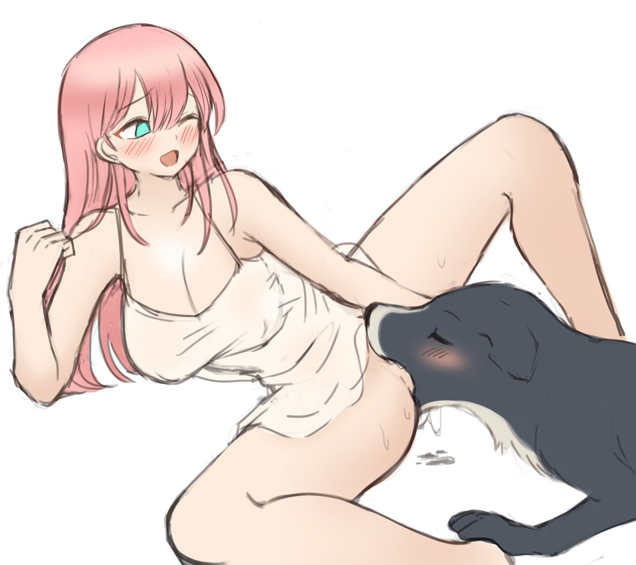 2d, blush, canine, canine on human, clothed, clothed female, cunnilingus, domestic dog, dripping, dripping pussy, eating pussy, eyeliner, female, female on feral, feral, feral on female, feral on human, human female, human on feral, imminent sex, interspecies, light skin, light-skinned female, long hair, loving it, male, nika (artist), on back, open mouth, orgasm, orgasm face, pale skin, pale-skinned female, passionate, pink hair, pussy, romantic, wink, zoophilia