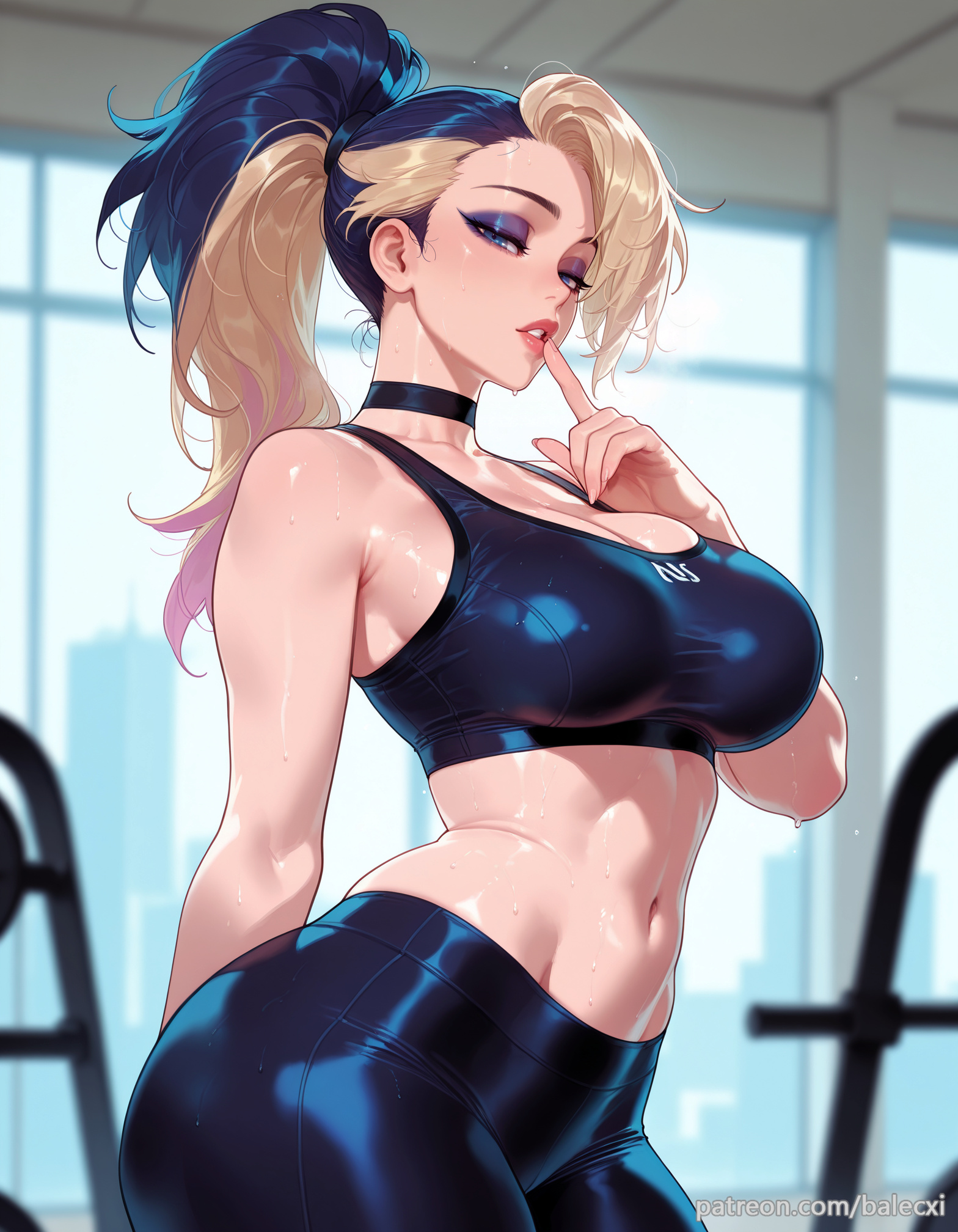 ai generated, akali, akali jhomen tethi, arm behind back, balecxi, black hair, black sports bra, blonde hair, blue eyes, breasts, choker, cleavage, eyeshadow, female, finger to mouth, k/da (league of legends), large breasts, league of legends, long hair, looking at viewer, makeup, navel, parted lips, ponytail, solo, sports bra, stomach, sweat, tight clothes, tight pants, two-tone hair, yoga pants
