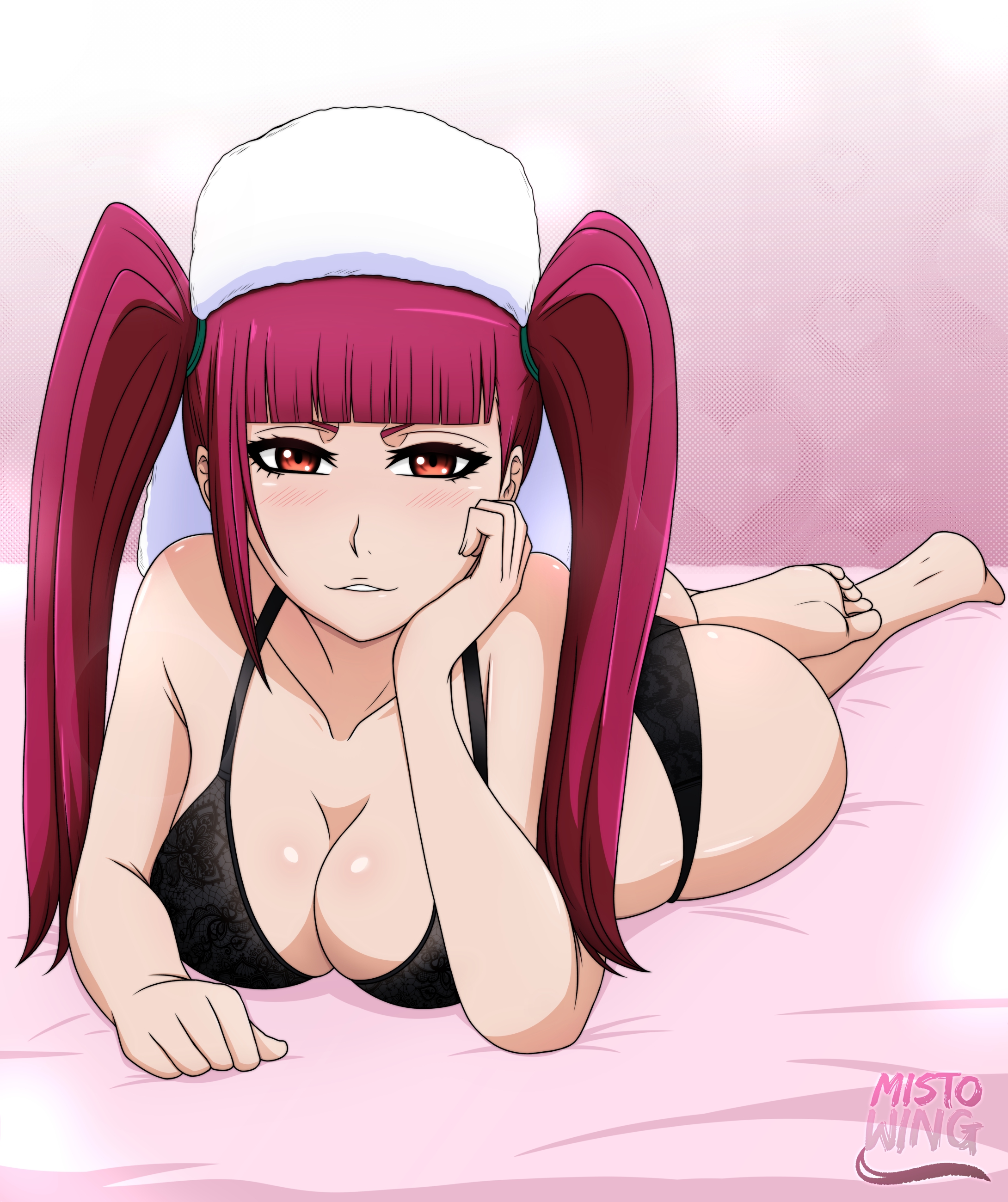 1girls, ass, bare shoulders, barefoot, bed, big breasts, bleach, blunt bangs, blush, bra, breasts, cleavage, dokugamine riruka, eyelashes, feet, female, female only, hand on cheek, hat, long hair, looking at viewer, lying, matching hair/eyes, mistowing, on bed, on stomach, panties, parted lips, red eyes, seductive look, seductive smile, smile, soles, tied hair, toes, twintails, underwear