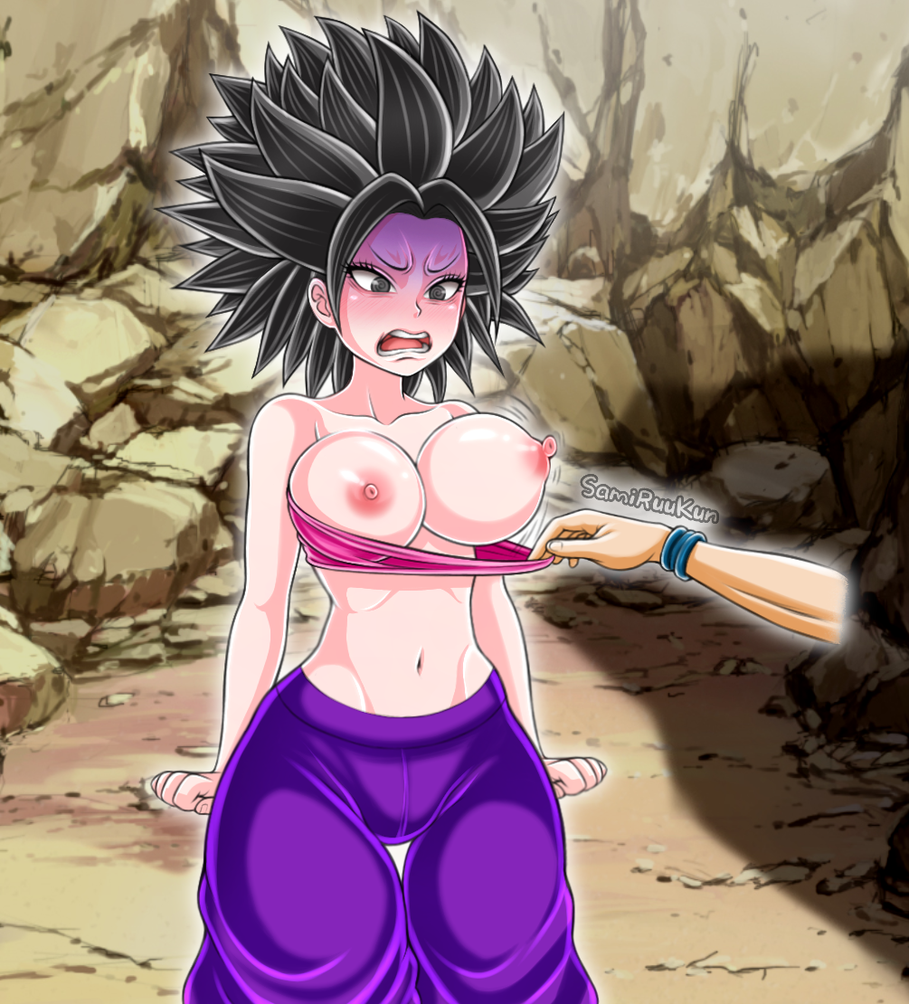 big_breasts black_eyes black_hair caulifla dragon_ball dragon_ball_super female_saiyan male offscreen_male pink_nipples saiyan samiruukun striped topless tournament_of_power