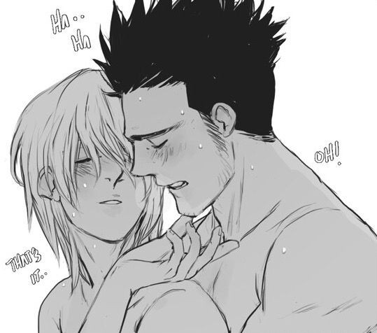 2boys, black hair, blonde hair, gay, gay sex, hunter x hunter, kurapika, leorio paladiknight, male, male only, monochrome, multiple boys, multiple males, text