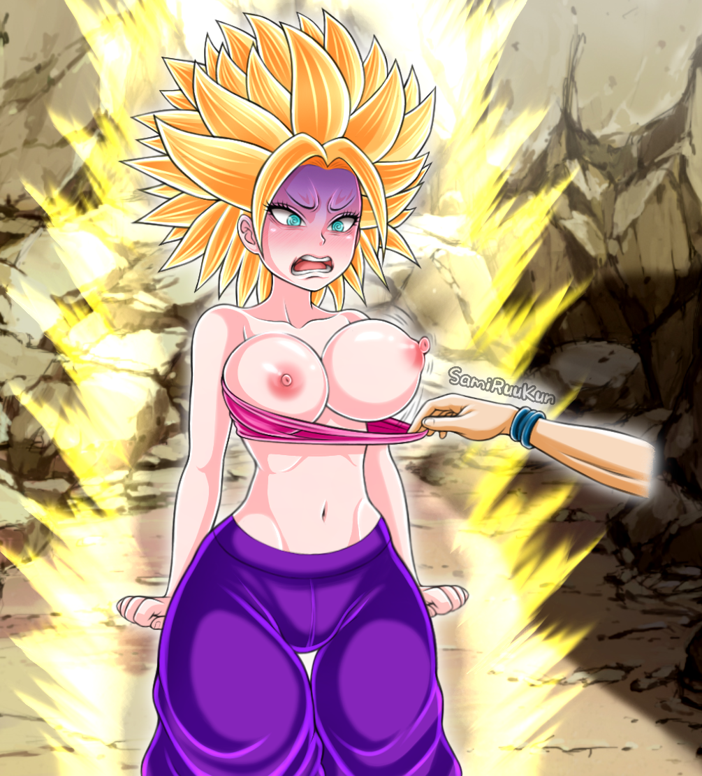 big_breasts blonde_hair caulifla cyan_eyes dragon_ball dragon_ball_super female_saiyan golden_hair male offscreen_male pink_nipples saiyan samiruukun striped super_saiyan tournament_of_power