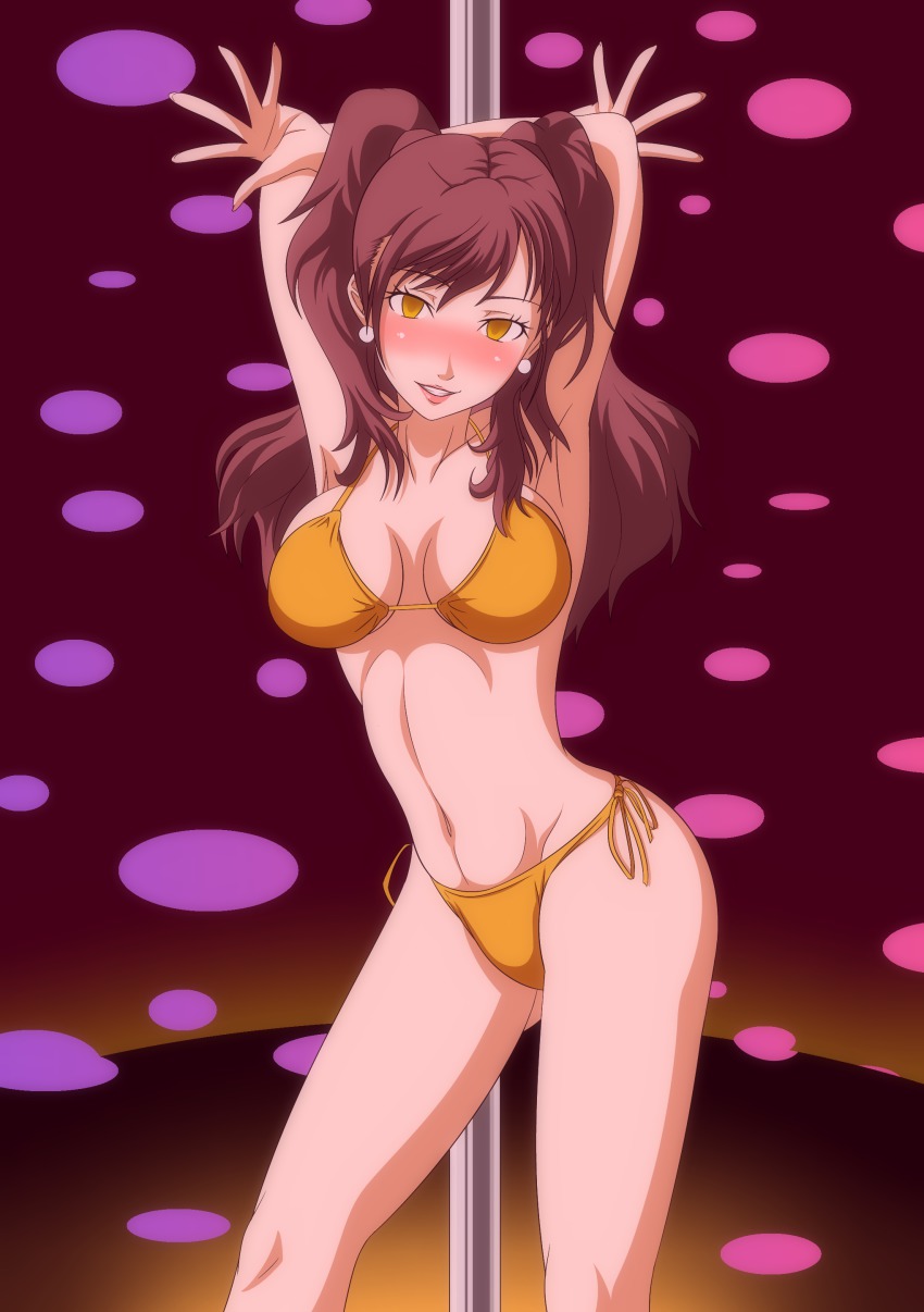 artist request, atlus, bikini, bikini bottom, bikini top, blush, bottomwear, breasts, brown hair, clothing, female, human, kujikawa rise, large breasts, persona, persona 4, slim, swimsuit, swimwear, tagme, topwear, yellow bikini