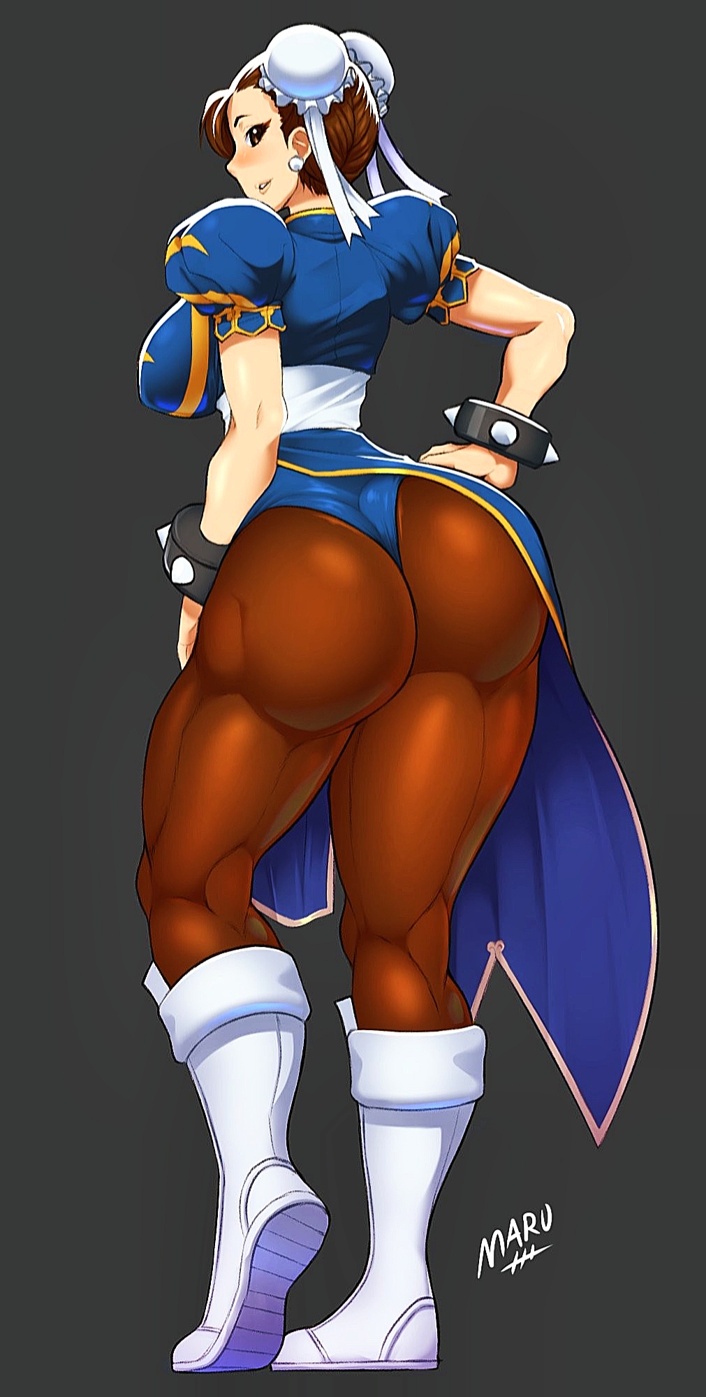 1girls, ass, breasts, capcom, chun-li, curvy, erect nipples, female, female only, huge ass, large breasts, maruzyrukun, nipple bulge, nipples, panties, pantyhose, skirt, skirt lift, solo, street fighter, tagme, wide hips