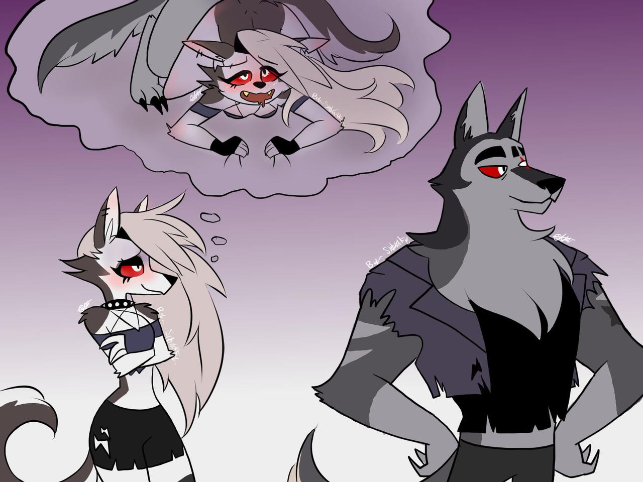 1boy, 1girls, anthro, collar, female, fur, furry, goth, hellhound, helluva boss, loona (helluva boss), male, male/female, no humans, tagme, tail, vivienne medrano, vortex (helluva boss), wolf