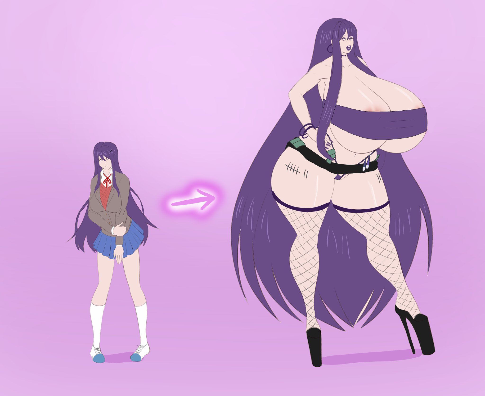 1girls, annon, areolae, bimbo, bimbofication, breast expansion, breast growth, breast growth (enlargement), breasts, busty, cleavage, confident, doki doki literature club, earrings, eyeshadow, female, female only, fishnets, gigantic breasts, hand on hip, high heels, hoop earrings, hourglass figure, huge breasts, lipstick, long fingernails, long legs, looking at viewer, makeup, microskirt, nail polish, purple background, purple eyes, purple eyeshadow, purple hair, purple lipstick, solo, thick thighs, thong, transformation, very long hair, wide hips, yuri (doki doki literature club)