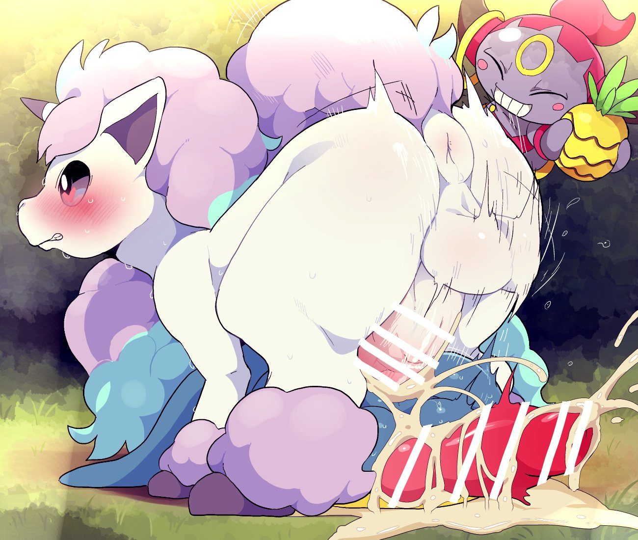 2boys, anal, anal sex, animal genitalia, anus, censored, cum, cum in anus, cum inside, cum while penetrated, dagasi, doggy style, equine, excessive cum, furry, galarian ponyta, gay, hoopa, lucario, male, male only, male/male, non-euclidean sex, pokemon, pokemon (species), portal, portal sex, yaoi