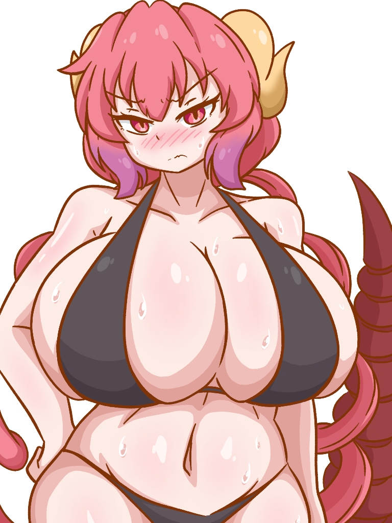 1girls, alternate breast size, artist request, big breasts, bikini, blush, breast focus, breasts, dragon girl, dragon tail, female, female only, gigantic breasts, huge breasts, ilulu (dragon maid), large breasts, looking at viewer, miss kobayashi's dragon maid, monster girl, red hair, solo, tail, tight clothing