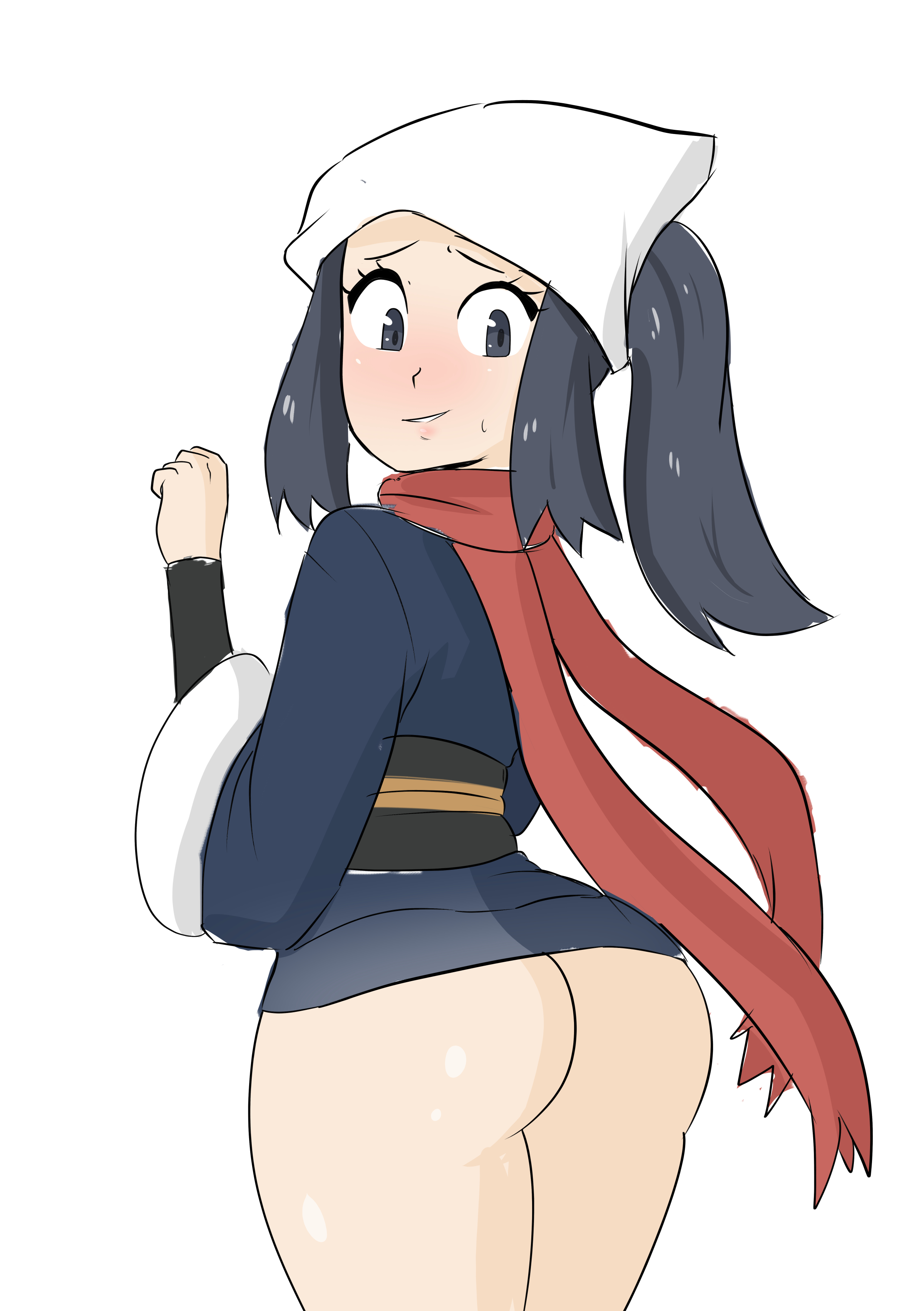 1girls, akari (pokemon), ass, ass hanging out, black eyes, black hair, blush, bottomless, female, female protagonist, game freak, long hair, looking back, nintendo, pokemon, pokemon legends: arceus, protoscene, scarf, solo, sweat, thick thighs, thighs, white background