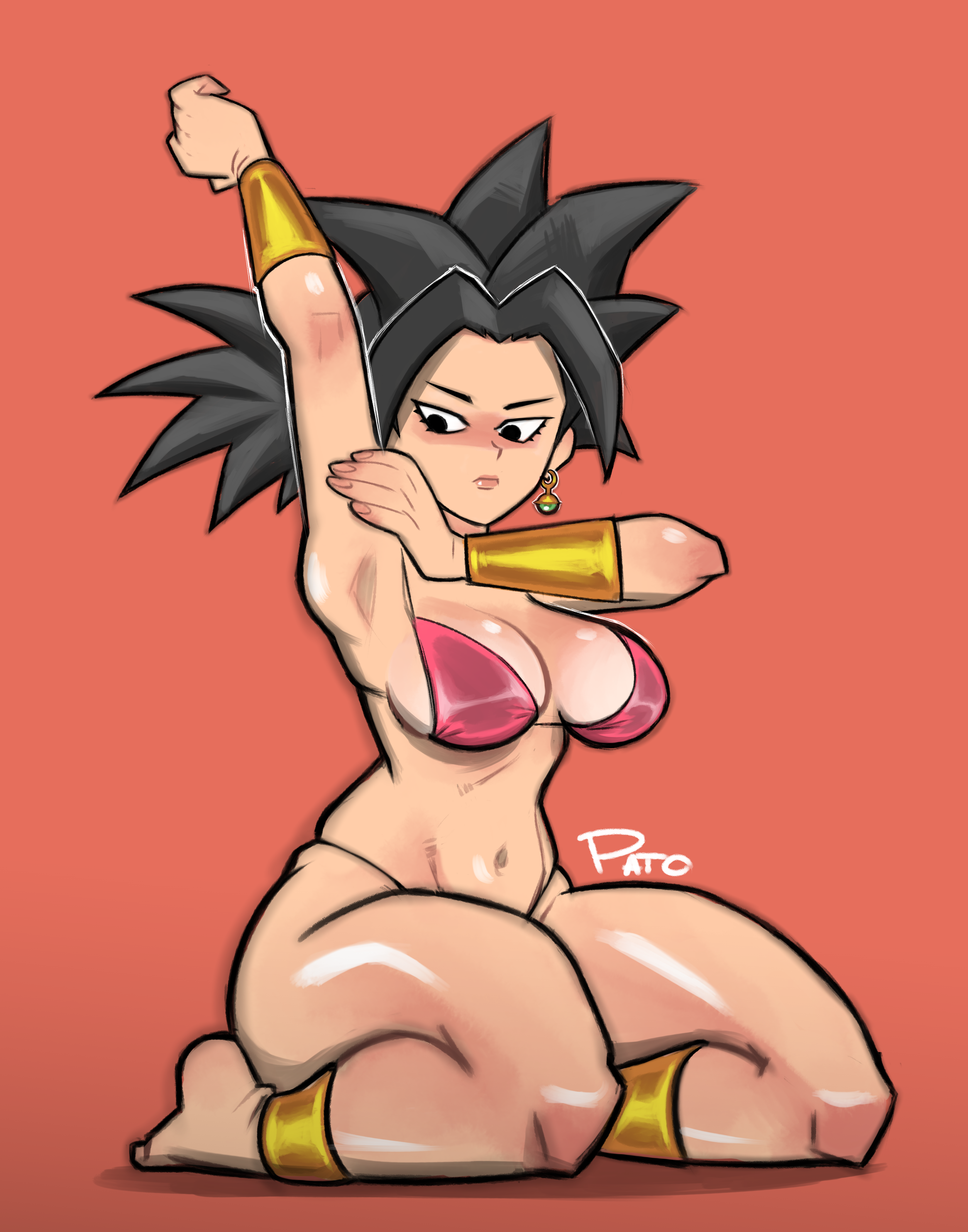 1girls, alien, armpits, bikini, black hair, breasts, clothing, dragon ball, dragon ball super, female, humanoid, kefla, patosky, saiyan, simple background, solo