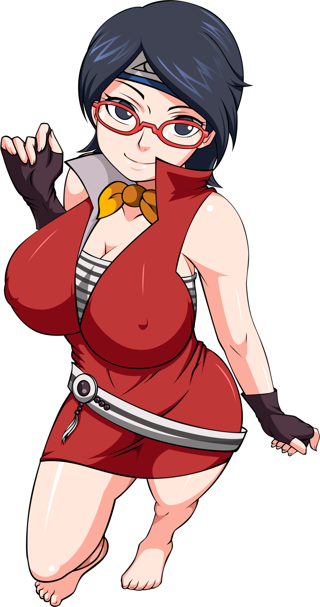 1girls, alternate breast size, artist request, barefoot, boruto: naruto next generations, breasts, cleavage, female, female only, huge breasts, naruto, naruto (series), naruto shippuden, nipple bulge, sarada uchiha, shounen jump, solo, solo female