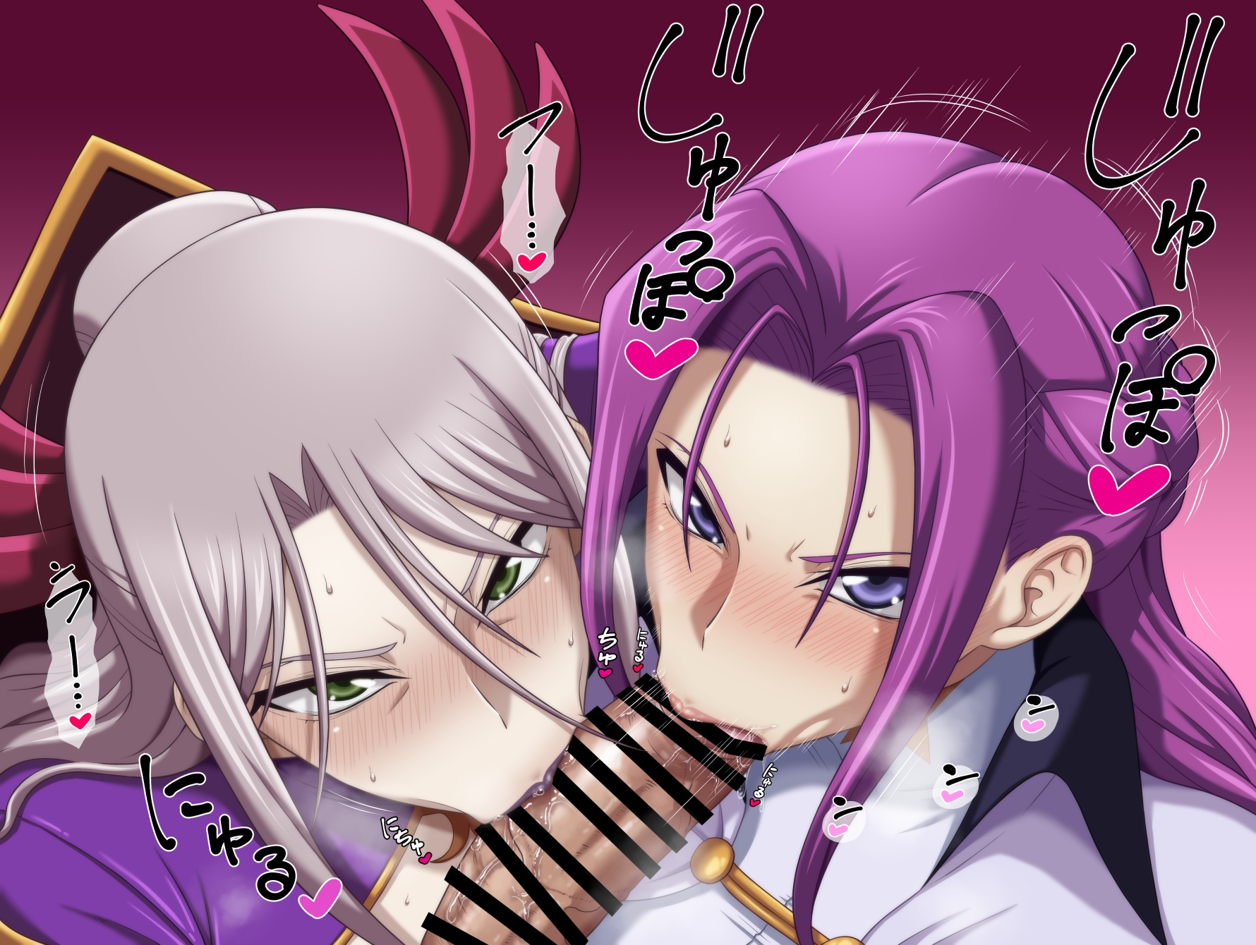 1boy, 2021, 2girls, big penis, blowjob, blowjob face, blue eyes, blush, censor bar, censored, censored penis, code geass, cornelia li britannia, female, green eyes, guinevere su britannia, long hair, looking at viewer, male, penis, pov, purple hair, white hair