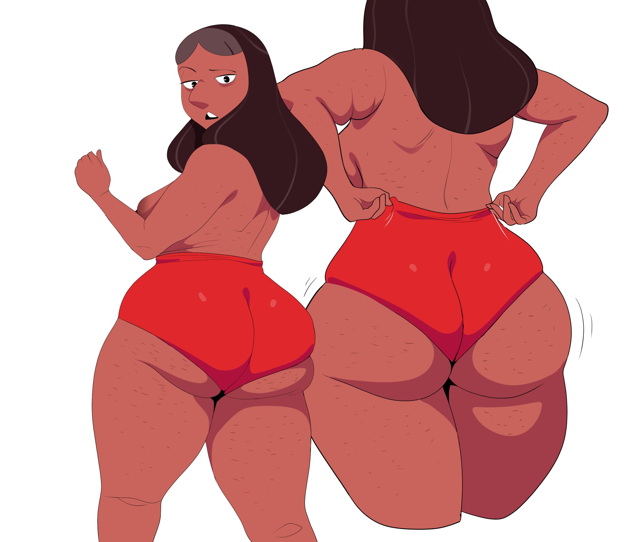1girls, 2d, about to burst, areolae, ass, ass too big, barely contained, barely contained ass, barely fits, barrybbeesly, black hair, bottom heavy, breasts, brown hair, cartoon network, cellulite, clothing, dark skin, dark-skinned female, fat ass, female, huge ass, imminent wardrobe malfunction, inconvenient ass, inconvenient butt, indian, looking at viewer, looking back, looking back at ass, looking back at self, looking down at self, medium breasts, milf, motion lines, nipples, priyanka maheswaran, pulling pants up, pulling up pants, putting clothes on, putting on clothes, red shorts, shorts, sideboob, solo, steven universe, straight hair, thick, thick thighs, tight clothing, tight fit, too tight, undersized clothes, undersized clothing, wardrobe malfunction, white background, wide hips