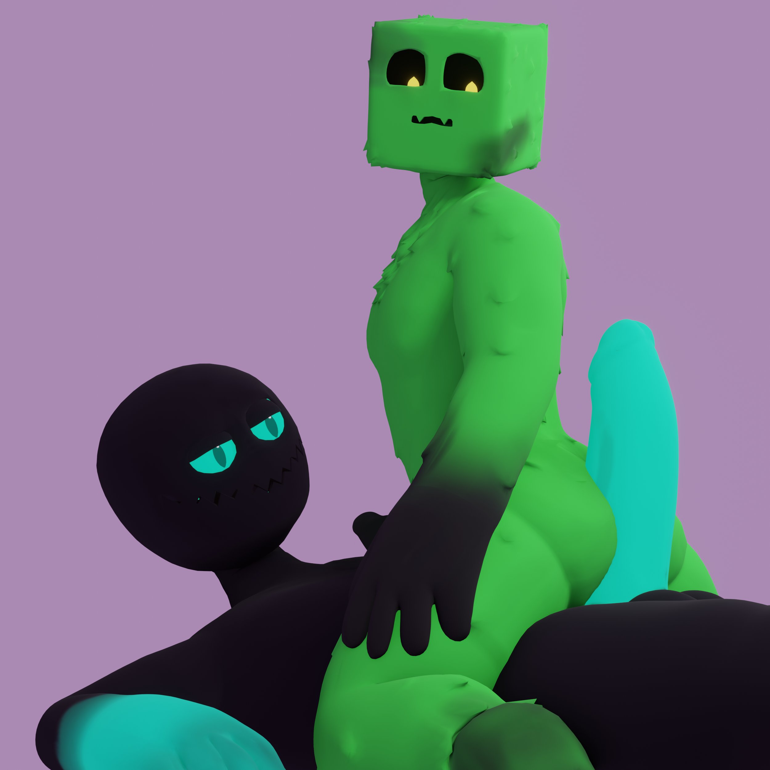 2boys, 3d, 3d (artwork), anxiboi, big penis, black sclera, blue eyes, blue penis, blue sclera, creeper, enderman, gay, grinding, looking at penis, male, male only, minecraft, multicolored body, penis, yellow eyes