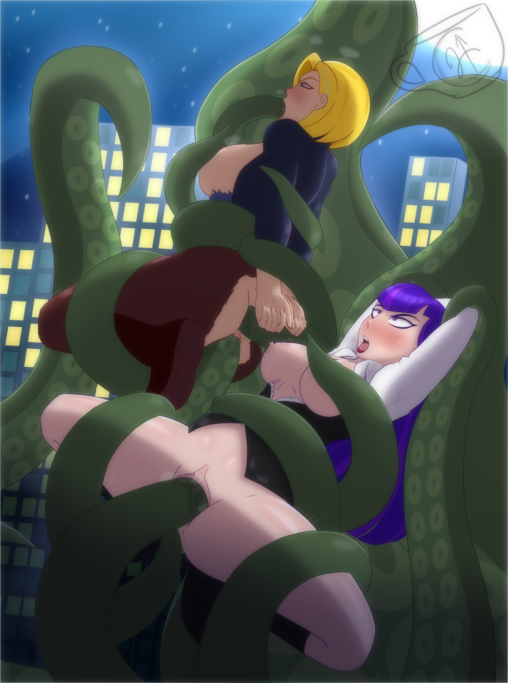 2girls, accepting fate, anal, arms behind back, arms up, ass, blonde hair, blue eyes, blush, breasts, clothed sex, clothing, dc, dc comics, dc super hero girls, ed-nsfw, female, green tentacles, kara danvers, kara danvers (shg), kara zor-el, long hair, multiple females, multiple girls, open mouth, oral, penetration, pussy, rape, restrained, sex, short hair, spread legs, supergirl, superman (series), suspension, tentacle, tentacle rape, tentacle sex, torn clothes, triple penetration, vaginal penetration, zatanna, zee zatara