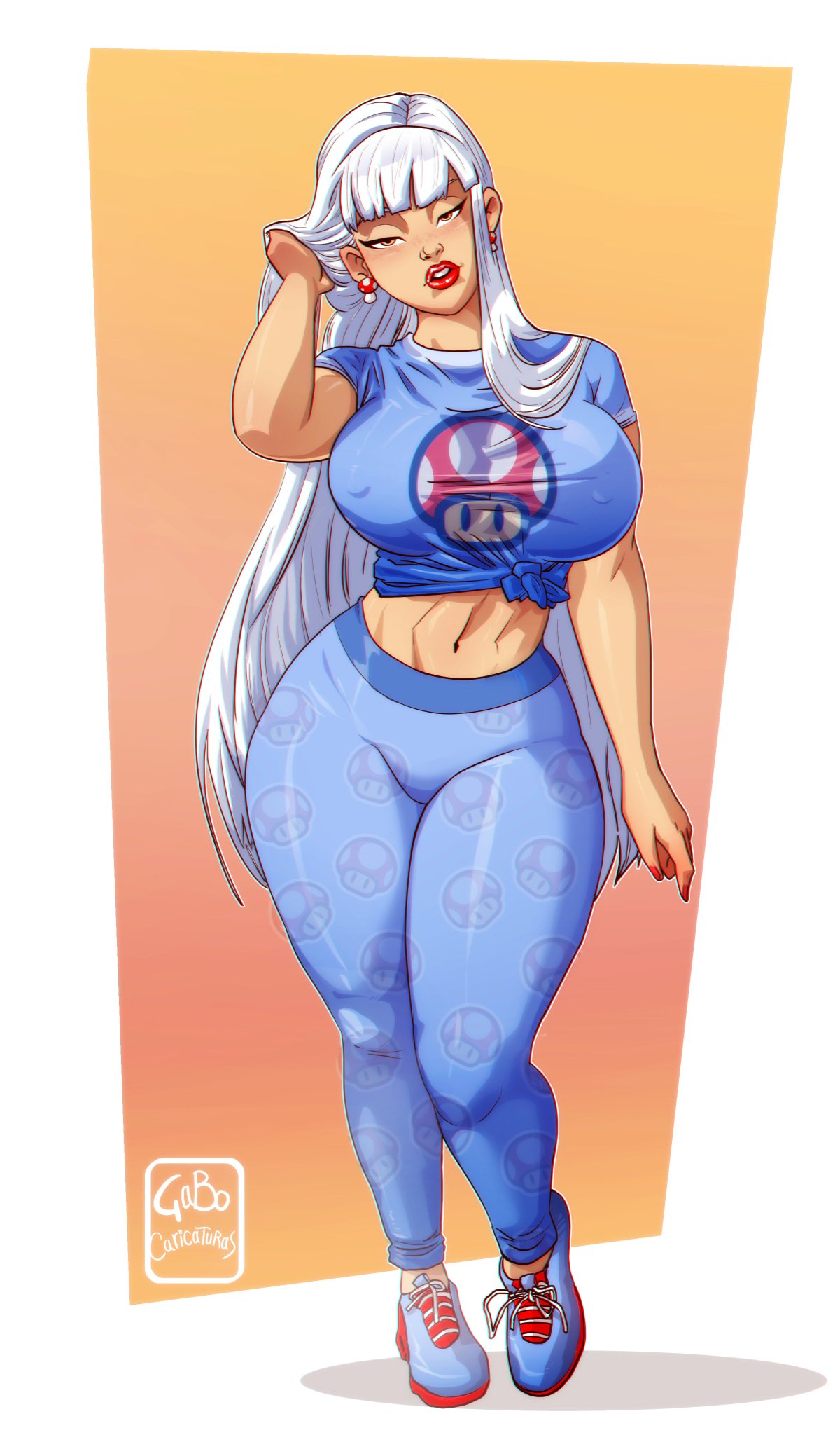 1girls, artist name, breasts, busty, clothing, female, gabocaricaturas, hourglass figure, large breasts, lips, lipstick, long hair, looking at viewer, mario (series), mushroom, nipple bulge, original character, shoes, thick legs, thick thighs, voluptuous, watermark, white hair
