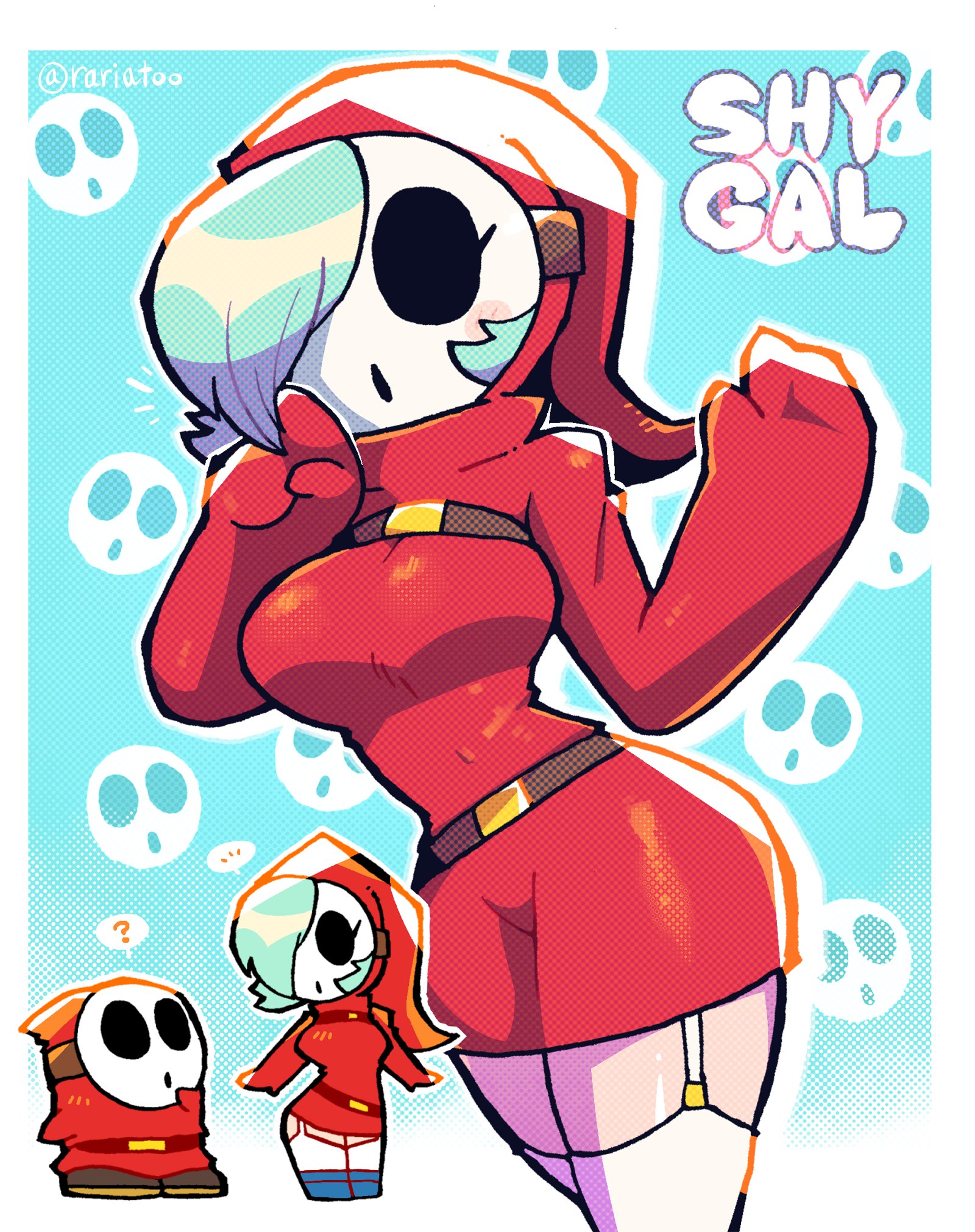 ?, 1boy, 1girls, big breasts, blue background, breasts, clothing, crap-man, cute, dialogue, female, female focus, looking at another, male, mario (series), mask, nintendo, shy gal, solo focus, speech bubble, spoken question mark, standing, tagme, thick thighs, thighhighs, thighs, thin waist, tight clothing, white border, wholesome, wide hips, zettai ryouiki