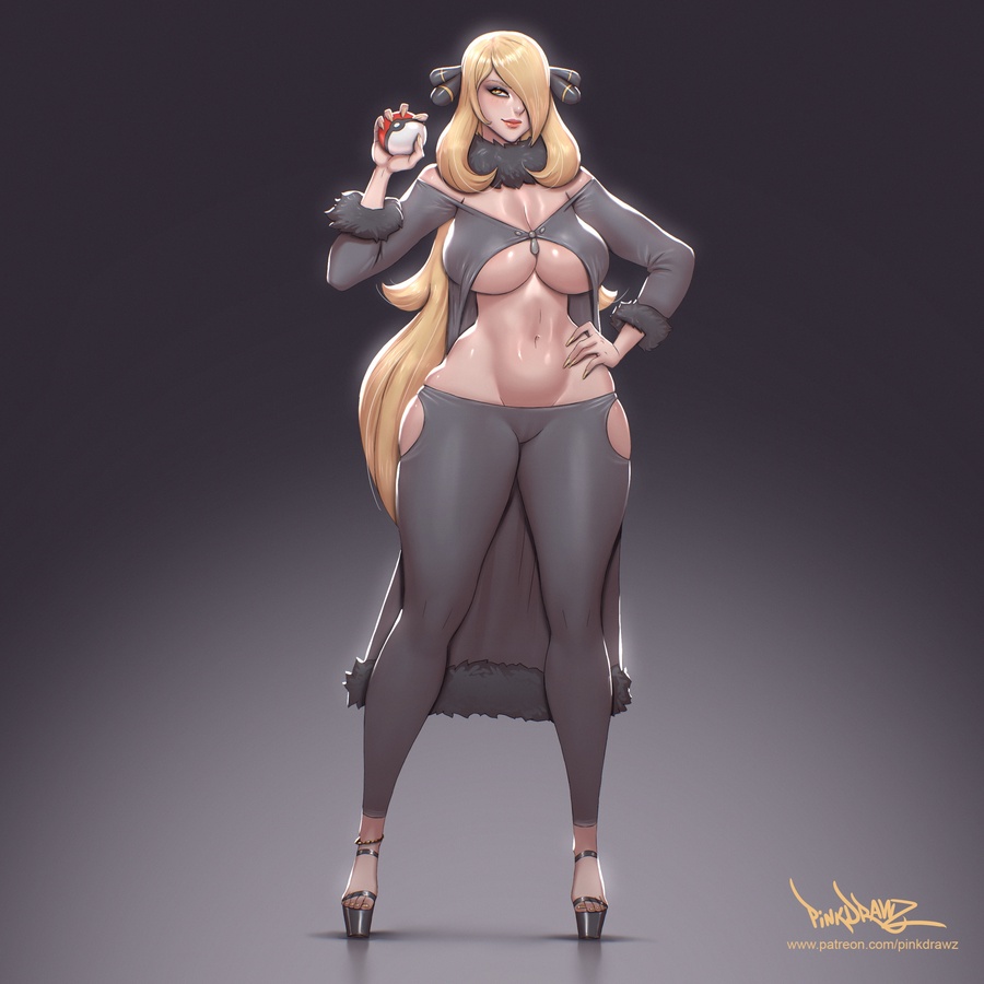 1girls belly big_breasts blonde_hair breasts casual cleavage clothing_cutout cutout cynthia_(pokemon) feet female female_only grey_clothing high_heels hip_cleavage holding_object hourglass_figure human large_breasts long_hair lowleg lowleg_pants navel nintendo no_bra no_panties pale_skin pinkdrawz platform_heels pokeball pokemon pokemon_dppt revealing_clothes skimpy_clothes skindentation solo thick_ass thick_thighs toes underboob wide_hips yoga_pants