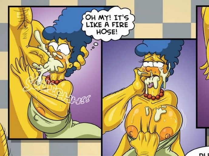 big breasts, big penis, breasts, cum, cum in mouth, female, kogeikun, male, marge simpson, partial male, penis, the simpsons