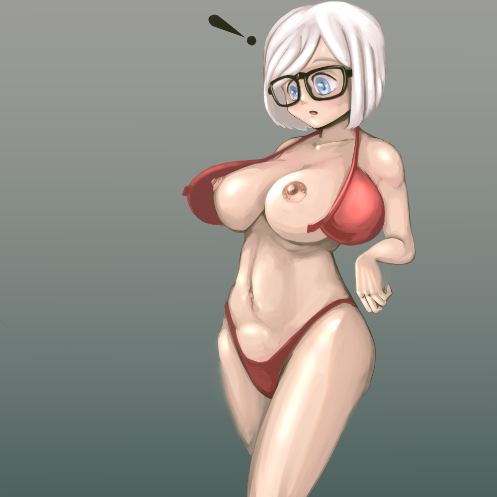 1girls big_breasts blue_eyes glasses original_character red_bikini toorops wardrobe_malfunction white_hair