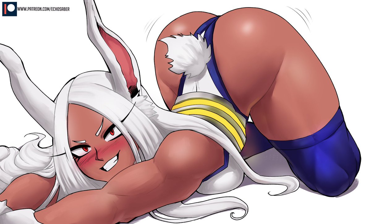 1girls, ass, ass up, blush, breasts, bubble ass, bubble butt, bunny ears, curvy figure, dark skin, dark-skinned female, echosaber, eye contact, female, female only, jiggling ass, long hair, looking at viewer, miruko, my hero academia, red eyes, rumi usagiyama, shounen jump, smile, solo, thick thighs, thighs, white hair