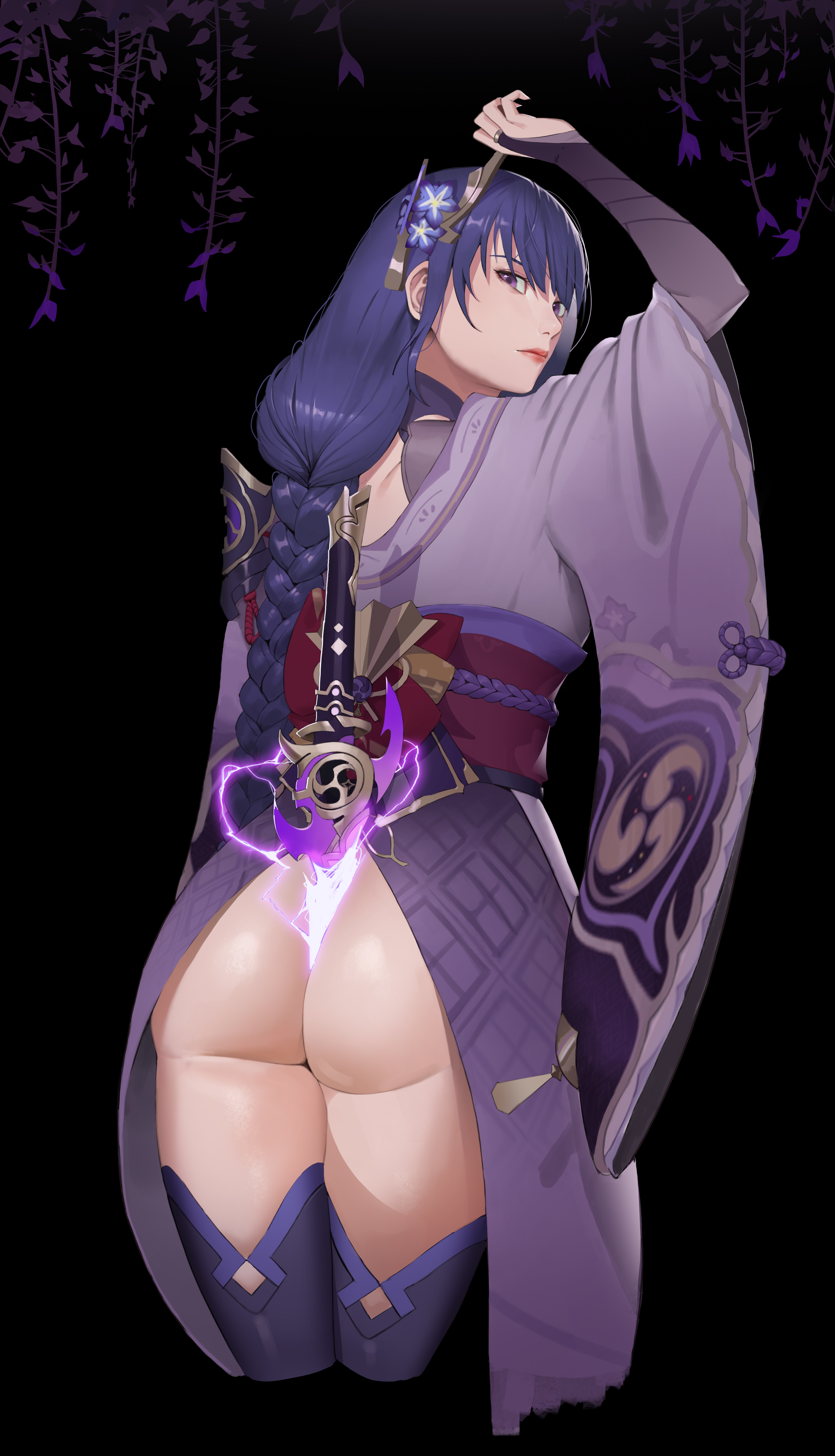 1girls, artist request, ass, back view, big ass, braid, female, female only, genshin impact, kimono, long hair, looking at viewer, looking back, purple eyes, purple hair, raiden shogun, solo, thick, thick ass, thick thighs