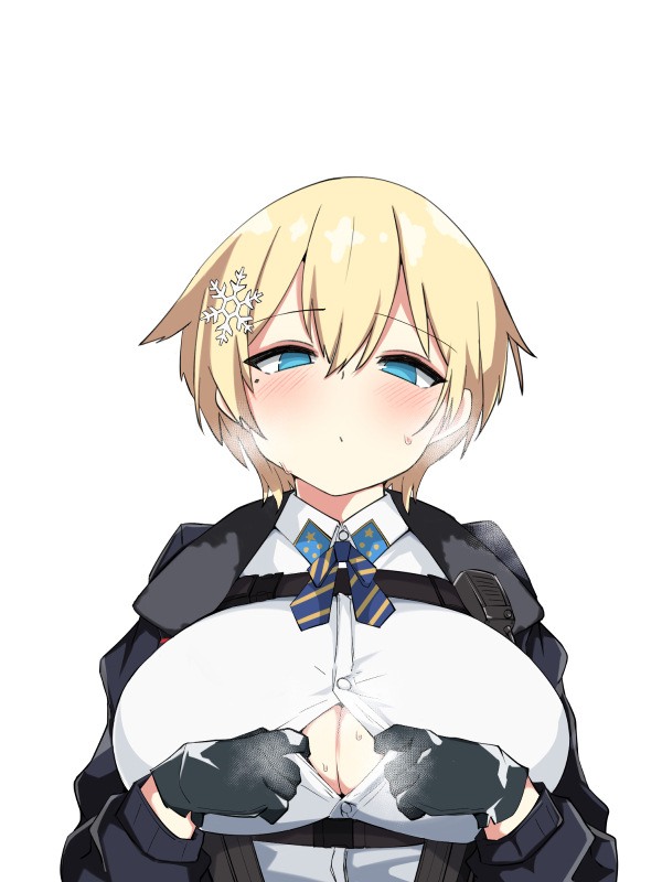1girls, big breasts, blonde hair, blush, breasts, cleavage window, female, female only, girls' frontline, kumasteam, large breasts, light blue eyes, light skin, light-skinned female, paizuri invitation, tagme, vsk-94 (girls' frontline)