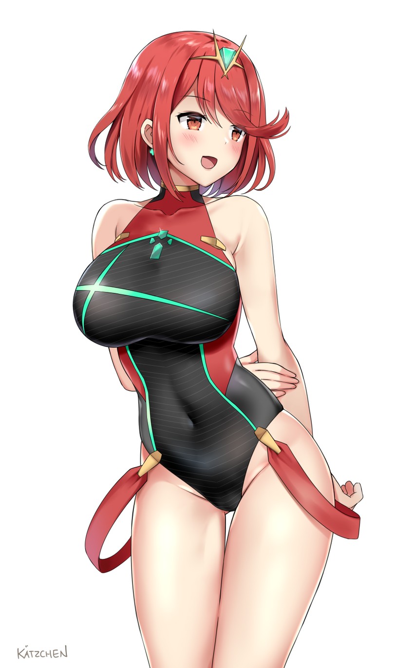 1girls arms_behind_back bare_shoulders black_swimsuit breasts collarbone gem hair hair_between_eyes kaetzchen one-piece_swimsuit pyra red_eyes red_hair swimsuit xenoblade_(series) xenoblade_chronicles_2