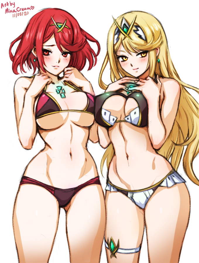 2girls, bangs, blonde hair, blush, breasts, chest jewel, cleavage, earrings, female, gem, headpiece, jewelry, large breasts, long hair, looking at viewer, minacream, multiple females, multiple girls, mythra, navel, nintendo, pyra, red hair, short hair, smile, super smash bros., swept bangs, tiara, very long hair, xenoblade (series), xenoblade chronicles 2, yellow eyes