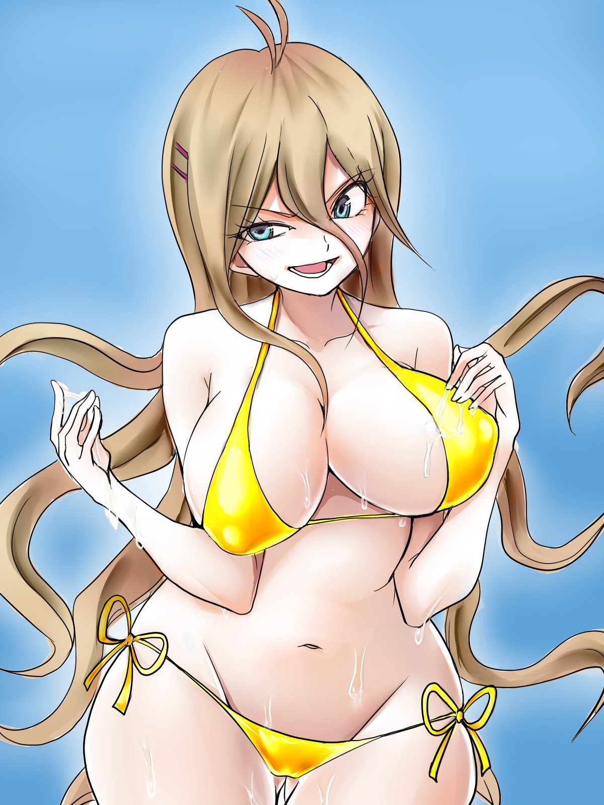 1girls, ahoge, belly, big breasts, big hips, bikini, blonde hair, blue eyes, blush, breasts, busty, cum, cum on body, cum on breasts, cum on lower body, cum on upper body, curvy, danganronpa, danganronpa v3, female, female only, hourglass figure, huge breasts, iruma miu, large breasts, long hair, micro bikini, new danganronpa v3, nipple bulge, straight hair, thigh gap, voluptuous, voluptuous female, wet, wide hips