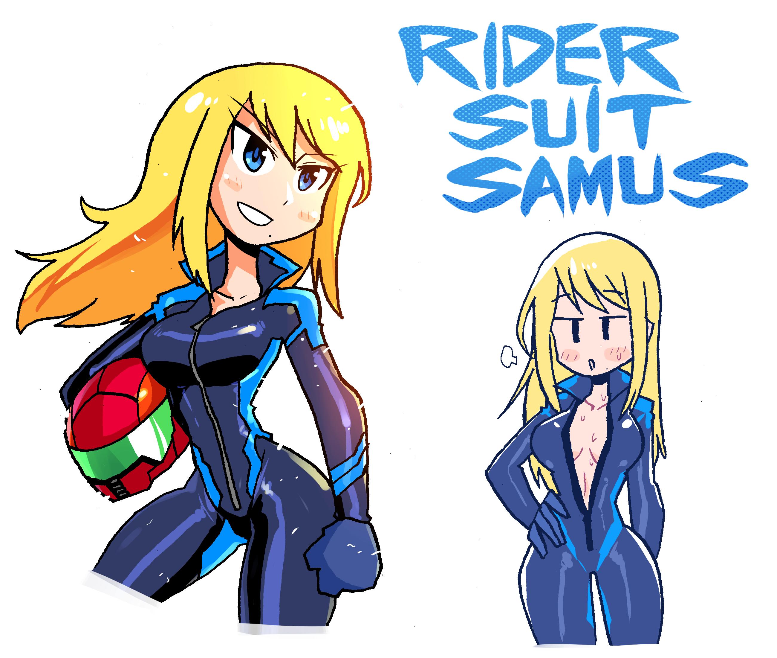 1girls, blonde hair, blue eyes, bodysuit, crap-man, female, female only, medium hair, metroid, mouth open, nintendo, open mouth, samus aran, sweat, tagme, tight clothing, unzipped, unzipped bodysuit