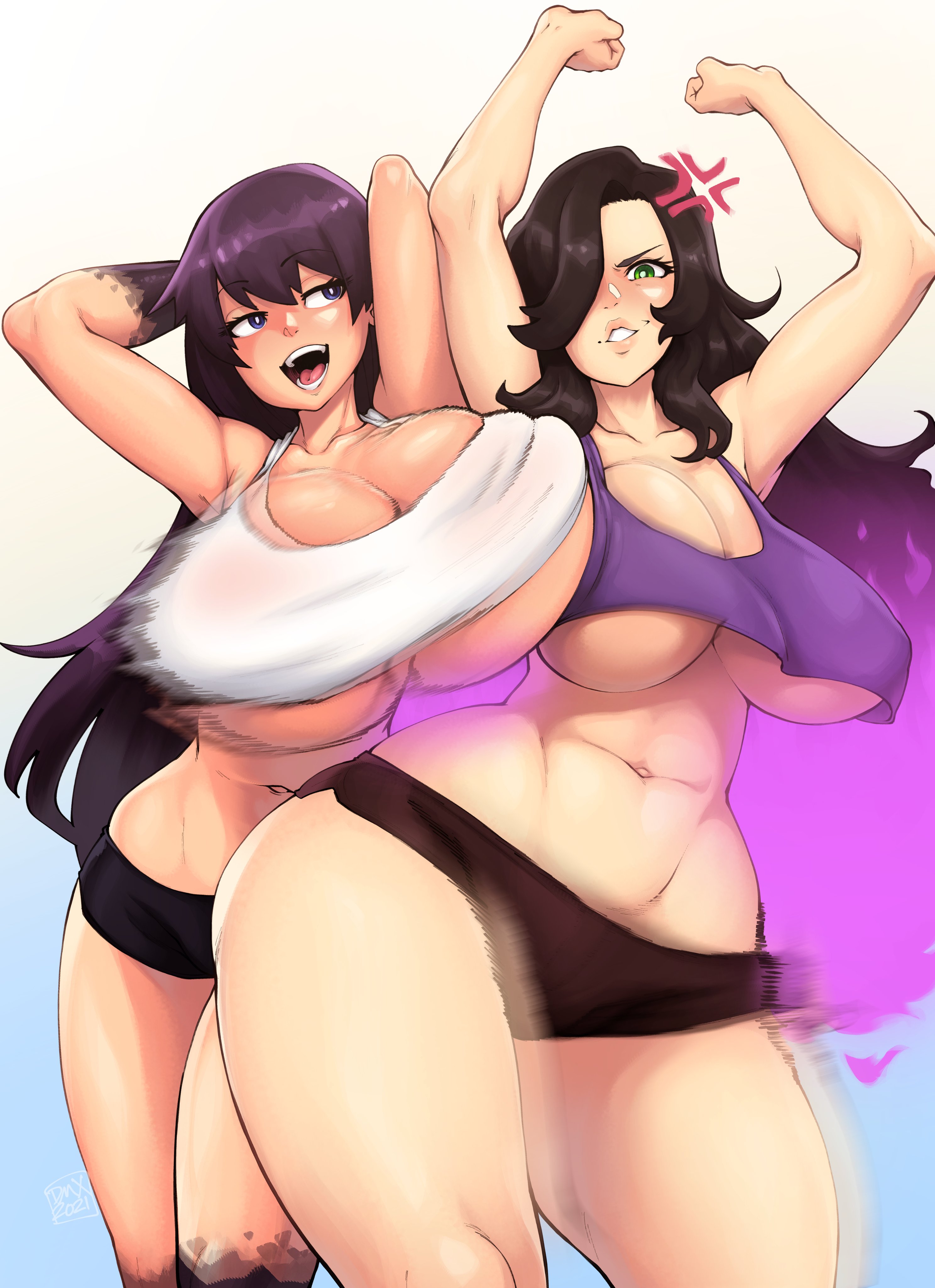 2girls, abs, absurdres, angry, bottom heavy, breast size difference, breasts, cleavage, clothed, clothing, competing, dmxwoops, duo, female, female only, highres, huge breasts, human, multiple females, multiple girls, pale skin, partially clothed, showing off, showing off breasts, smug, standing, thick thighs, wide hips