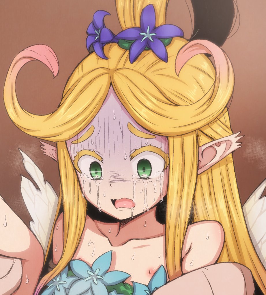 blonde_hair blue_flower blush crying crying_with_eyes_open curly_hair faerie_(seiken_densetsu_3) fairy female flat_chest flower gradient_hair hair_flower hair_ornament implied_rape implied_sex mamerakkkkko minigirl multicolored_hair nipples open_mouth pink_hair pointy_ears purple_flower seiken_densetsu seiken_densetsu_3 solo_focus sweat sweating_profusely tears topknot turn_pale wide-eyed