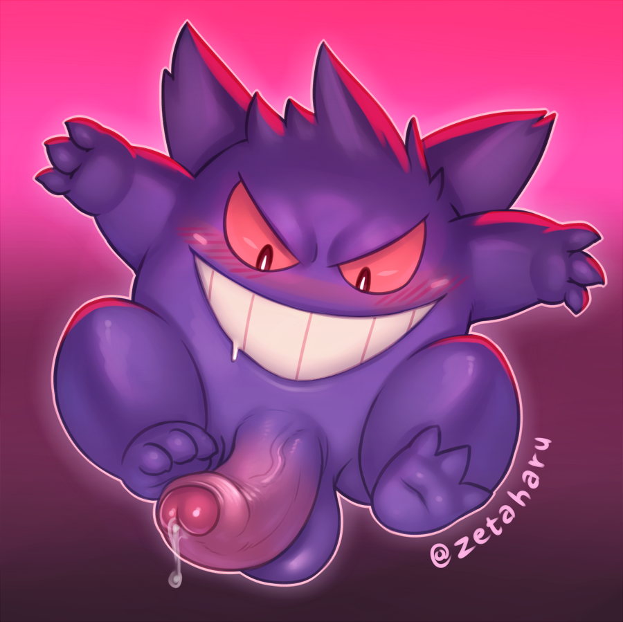 anthro balls bodily_fluids drooling gengar genital_fluids genitals humanoid male male_only nintendo not_furry nude penis pokémon_(species) pokemon precum purple_balls purple_body red_eyes saliva simple_background solo video_games zeta-haru