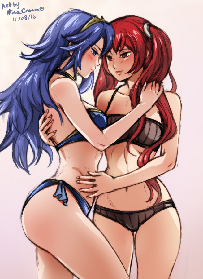 2girls, arm around back, ass, bare legs, bare midriff, black bra, black panties, blue bra, blue eyes, blue hair, blue panties, blush, bra, breasts, brown eyes, female, female only, fire emblem, fire emblem awakening, lingerie, lips, long hair, looking at another, lucina (fire emblem), midriff, minacream, multiple females, multiple girls, nintendo, panties, red hair, severa (fire emblem), small breasts, smile, twintails, underwear, yuri