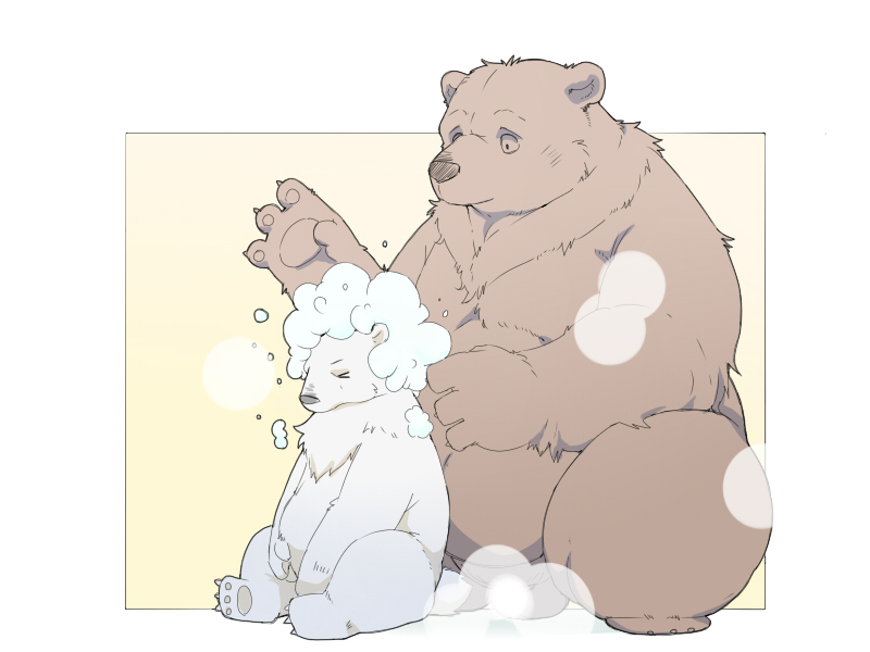 2021 4:3 anthro balls bathing brown_body brown_fur closed_eyes duo fur genitals humanoid_hands inunoshippo kemono male male_only mammal overweight overweight_male polar_bear sitting ursid ursine white_body white_fur