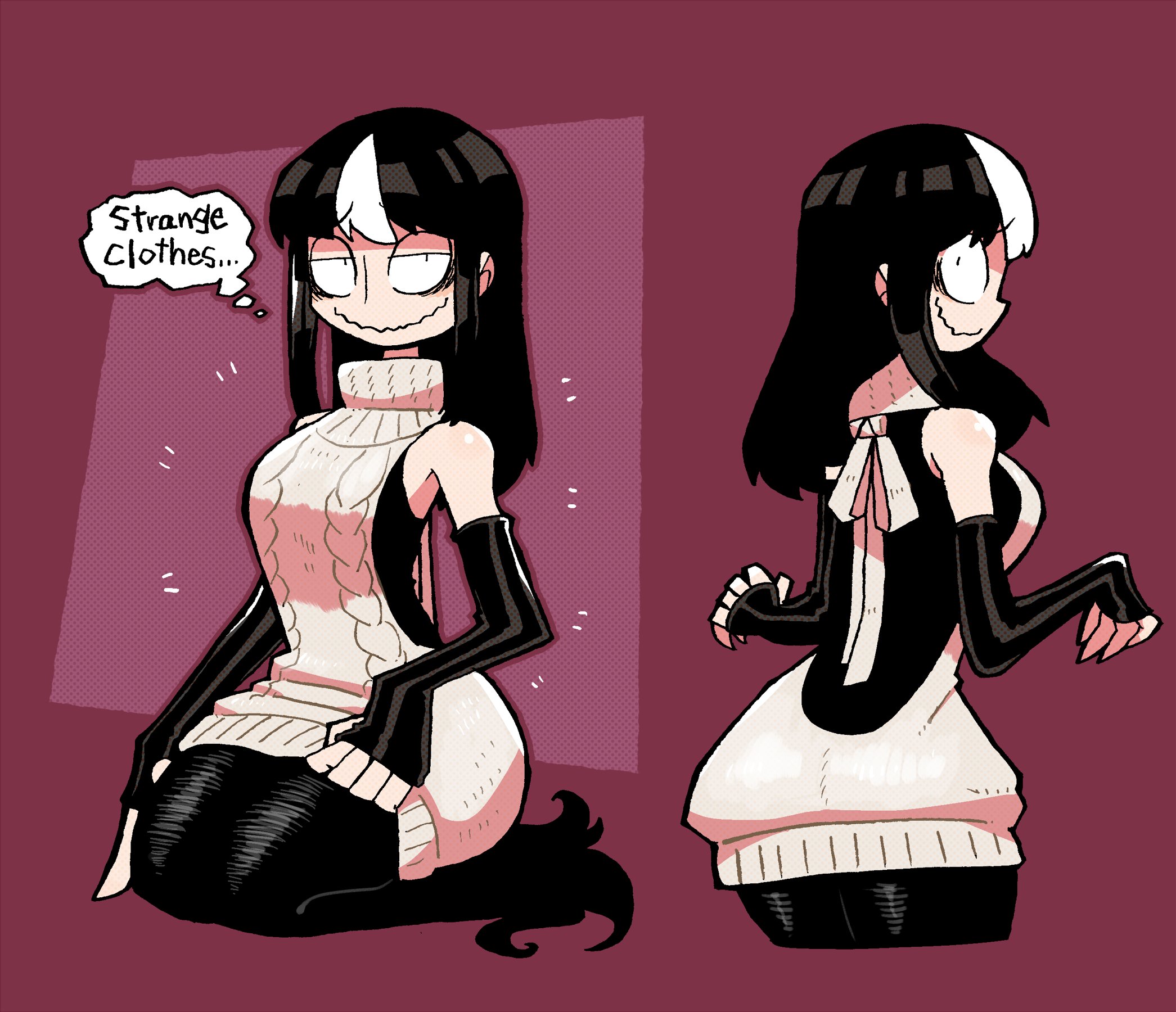 black dress, black hair, crap-man, dress, female, mob face, monster girl, noss the nosferatu (crap-man), original, original character, sweater dress, tagme, thought bubble, tight clothing, tight dress, two-tone hair, virgin killer sweater