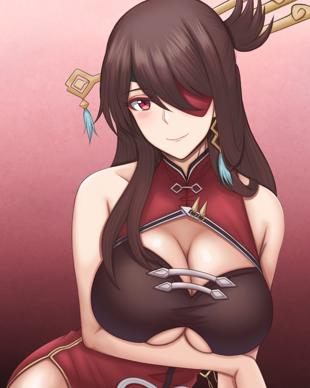 1girls, beidou (genshin impact), big breasts, blush, breast hold, breasts, brown hair, busty, cleavage, clothed, cute, eyepatch, female, female only, genshin impact, happy, large breasts, red eyes, smile, underboob