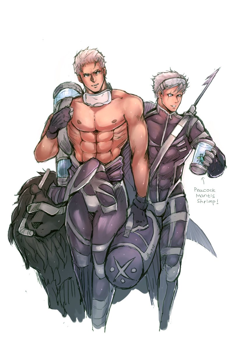 2boys boner diving_gear glaugan king_of_fighters krizalid male_only muscular muscular_male original_zero scar simple_background sirtless snk tagme wet white_background