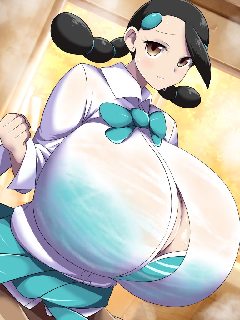 1girls, alternate breast size, alternate version at source, alternate version available, black hair, blue bra, blush, bra, breasts, brown eyes, candice (pokemon), cleavage, clenched hand, clothed, clothed female, collared shirt, eyelashes, female, female focus, female only, gigantic breasts, light skin, light-skinned female, looking at viewer, nintendo, norio (pheromosa times), pale skin, pale-skinned female, pokemon, pokemon dppt, shirt, short hair, smile, solo, solo female, solo focus, steam, sweat, sweatdrop, sweating, twintails, upper body, video games, white shirt