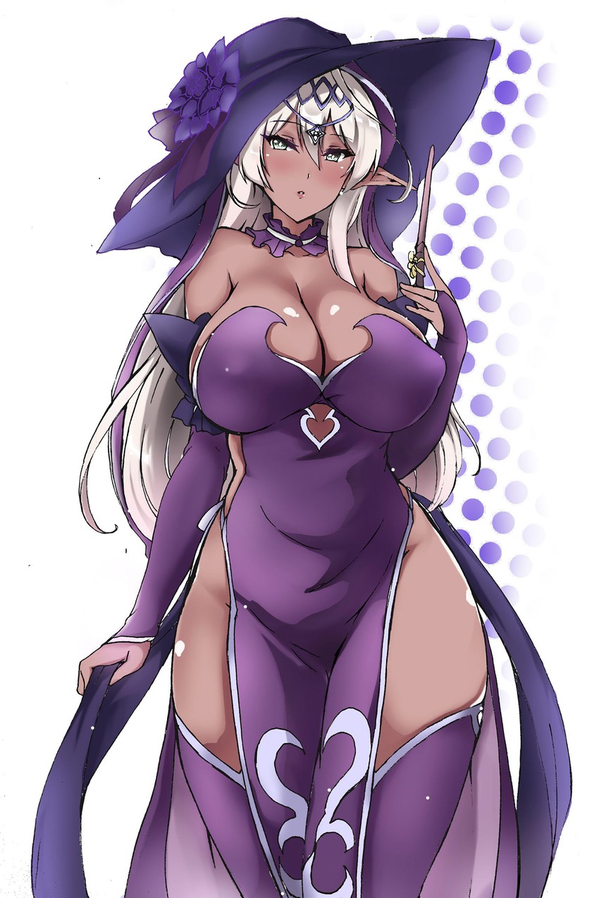 breasts, bridal gauntlets, cleavage, dark elf, dark skin, dark-skinned female, dress, female, green eyes, hat, large breasts, long hair, original, sideboob, skimpy, solo, white hair, witch hat