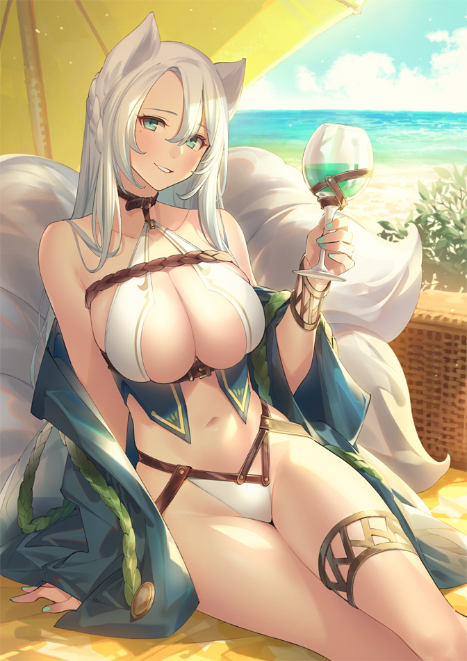 1girls afk_arena animal_ears bikini breasts female fingers fox_ears fox_tail kitsune large_breasts nail_polish pop_kyun solise solise_(afk_arena) solo swimsuit thighs white_hair